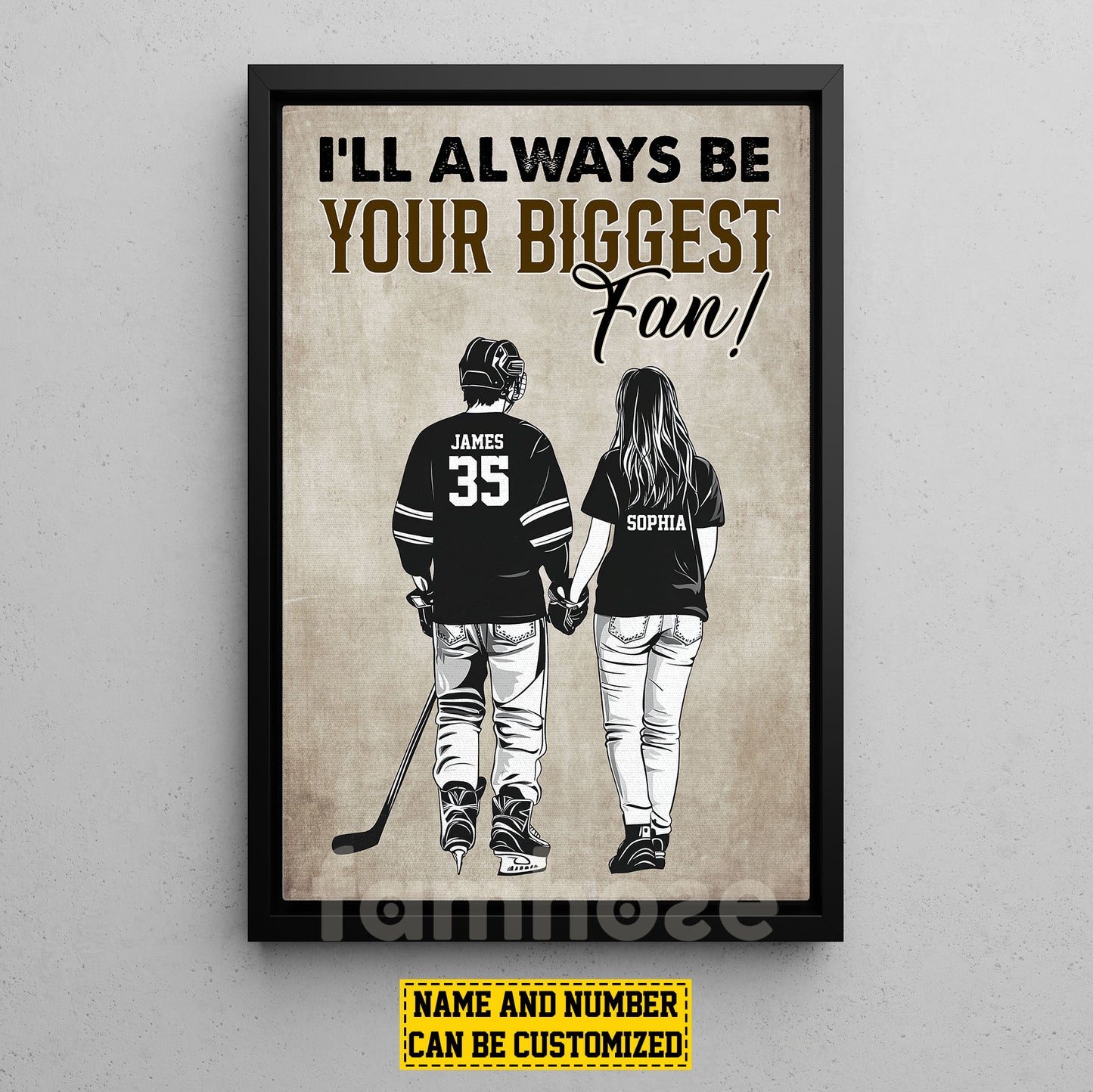 Romantic Personalized Hockey Couple Canvas Painting, I'll Always Be Your Biggest Fan Sports Wall Art Decor, Valentine's Day Poster Gift For Hockey-Loving Couple