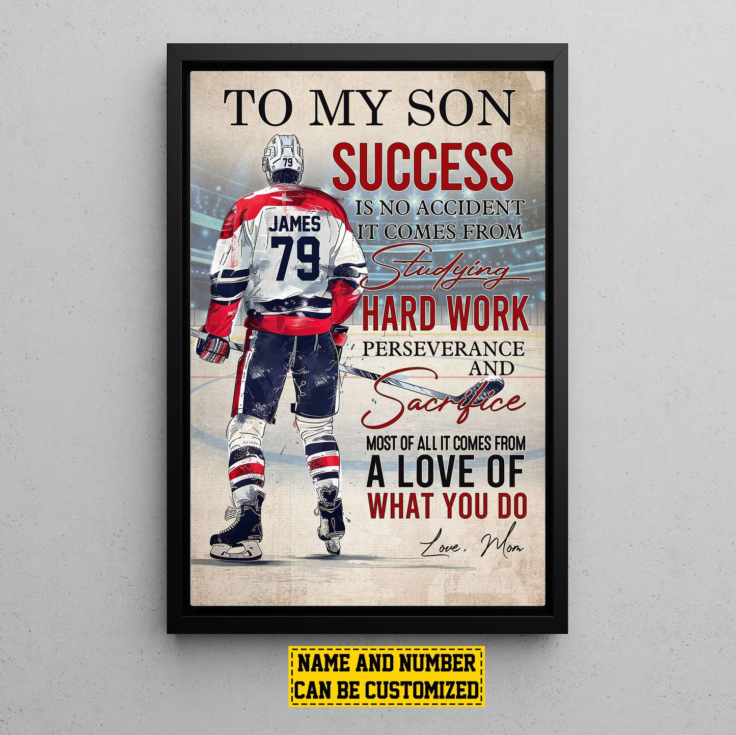 Personalized Hockey Boy Canvas Painting, To My Son Success Is No Accident, Sports Quotes Wall Art Decor, Poster Gift For Hockey Lovers, Gift For Son From Dad,Mom