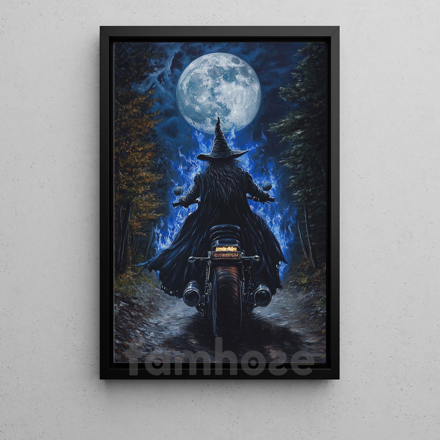 Halloween Witch Motocycle Canvas Painting, Witch Biker Under The Full Moon Wall Art Decor, Spooky Season Poster Gift For Biker