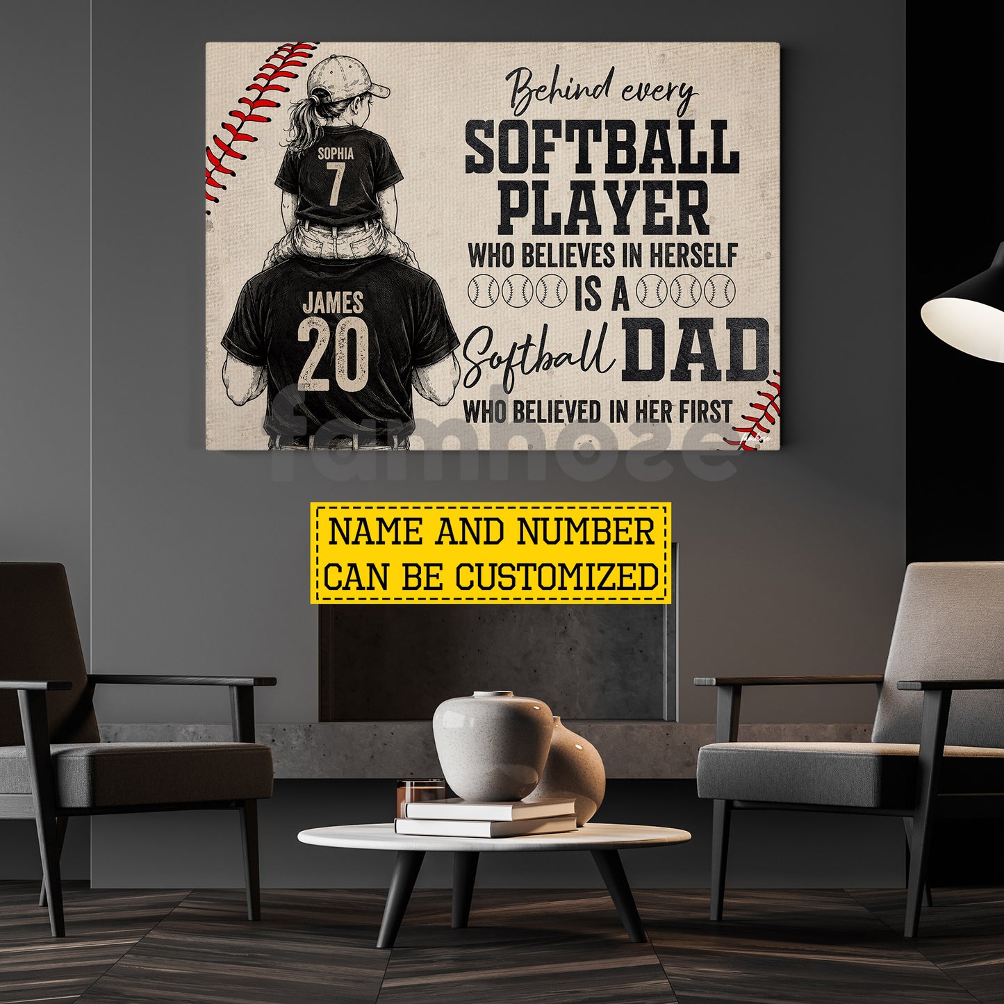 Personalized Softball Dad Daughter Canvas Painting, Behind Every Softball Player Sport Wall Art Decor, Poster Father's Day Gift For Softball Lovers