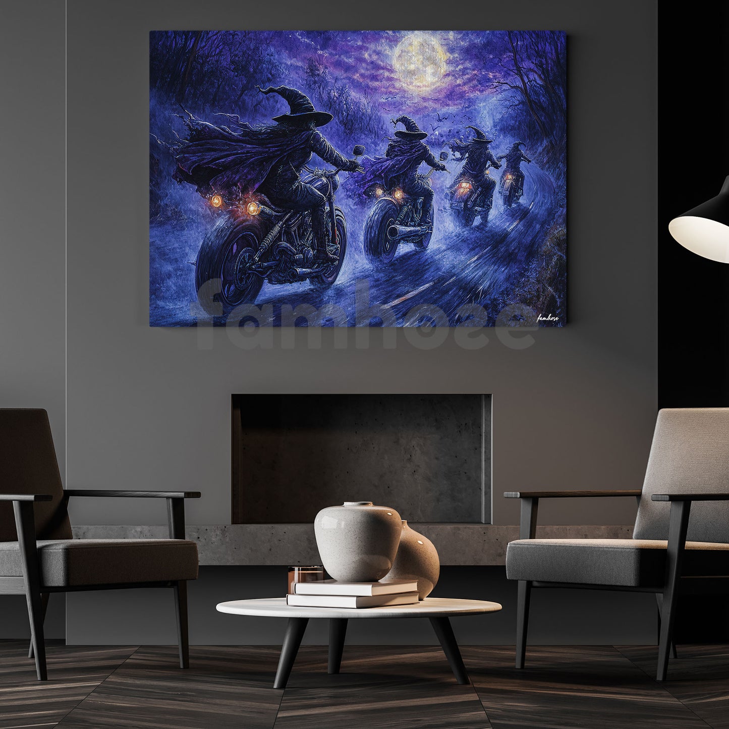 Halloween Motorcycle Witch Canvas Painting, Midnight Highway Coven Wall Art Decor, Spooky Season Poster Gift For Biker