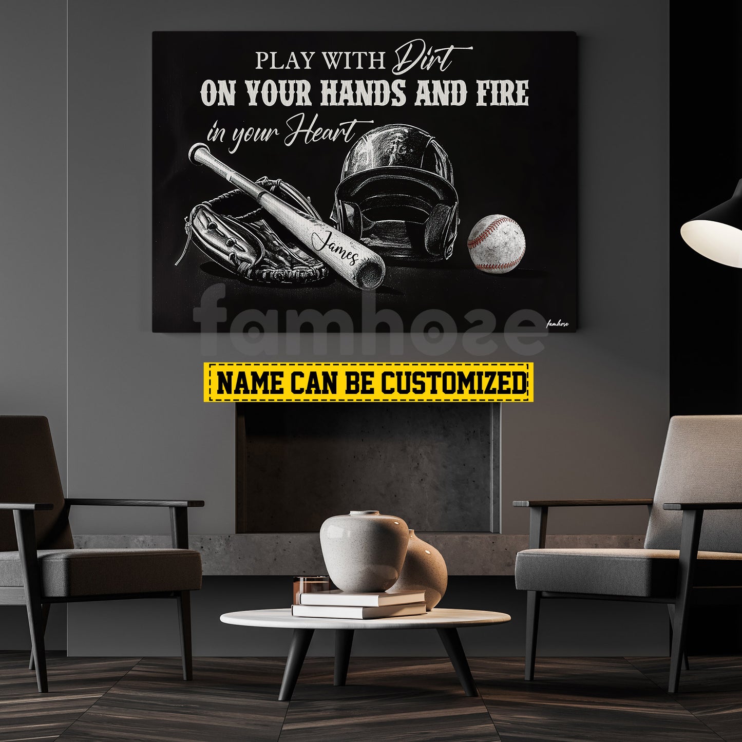 Personalized Baseball Canvas Painting, Play With Dirt On Your Hands And Fire In Your Heart Sport Wall Art Decor, Poster Gift For Baseball Lovers