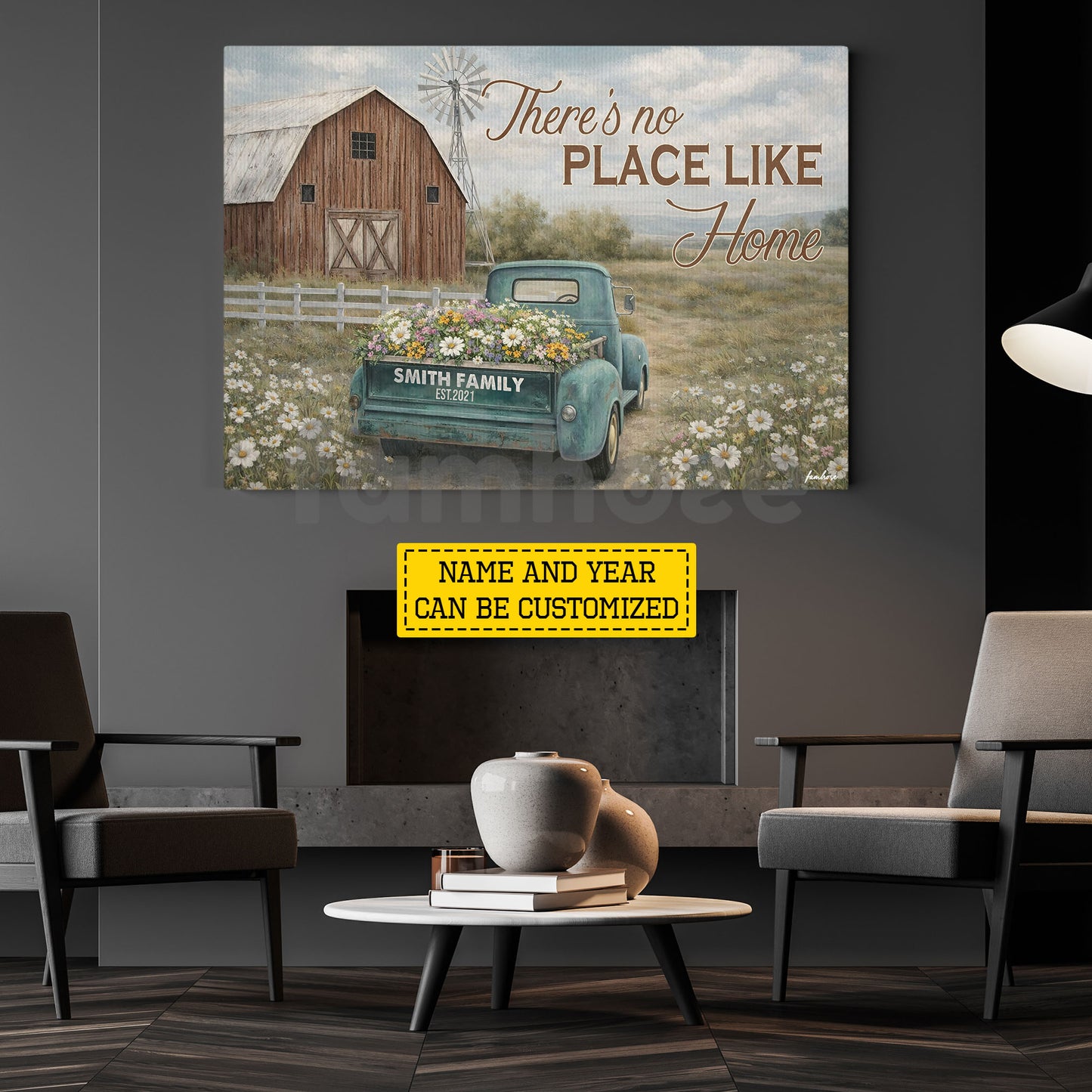 Rustic Farm Truck & Barn Canvas Painting, There's No Place Like Home Wildflowers Wall Art Decor, Poster Gift For Farming Lover