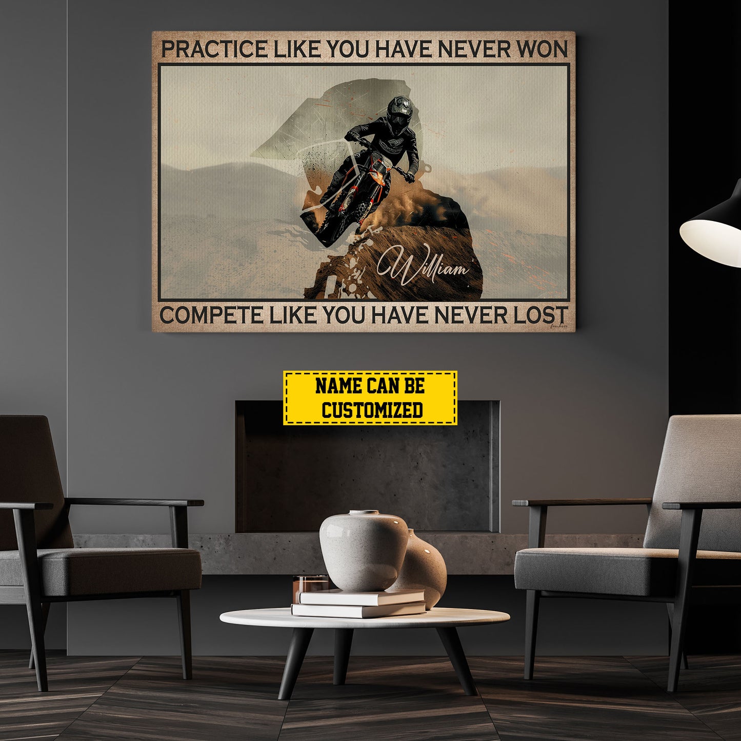 Funny Personalized Dirt Bike Canvas Painting, Practice Like You Have Never Won Quotes Wall Art Decor, Poster Gift For Motocross Lovers