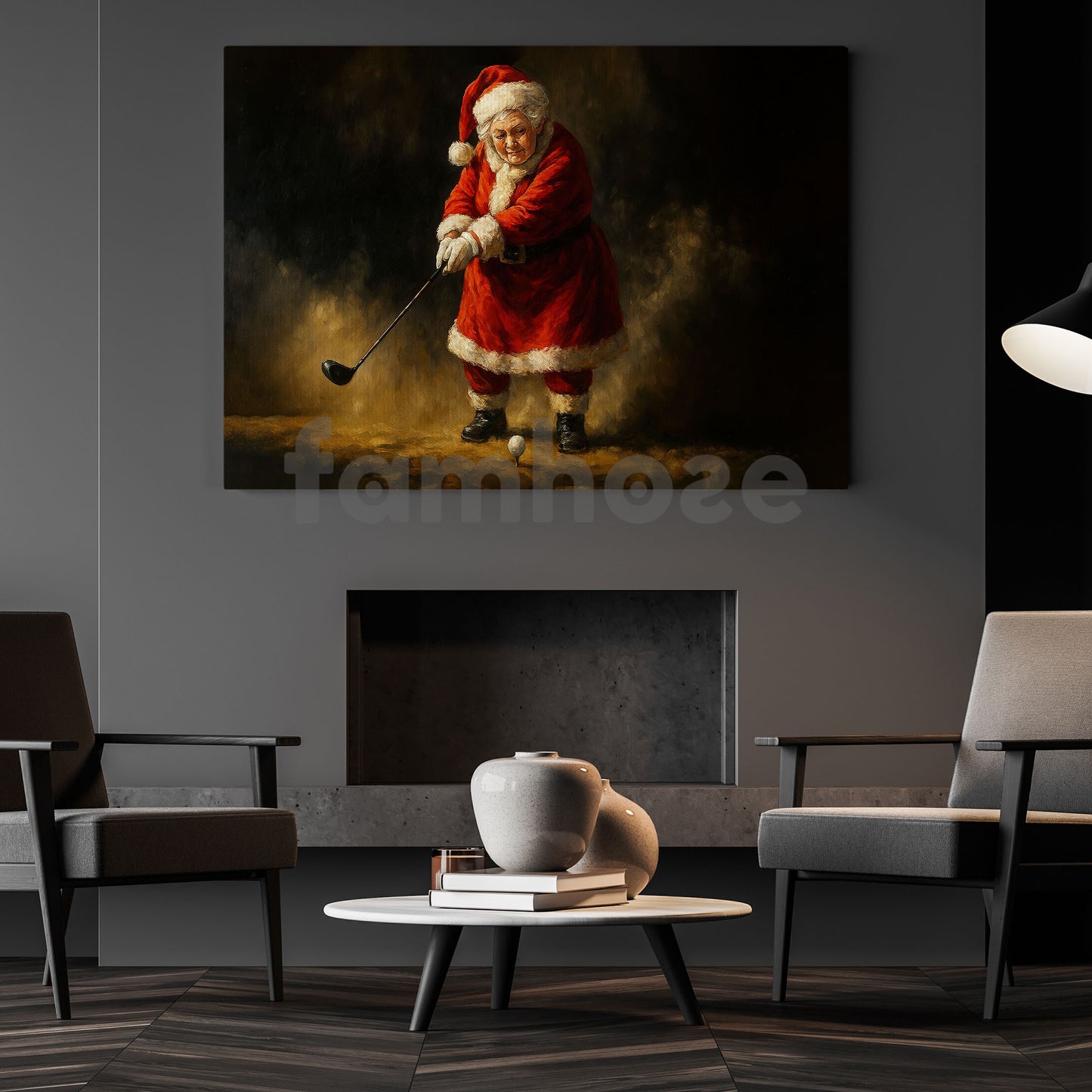 Christmas Golf Canvas Painting, Santa Woman Playing Golf Wall Art Decor, Xmas Poster Gift For Golf Lovers