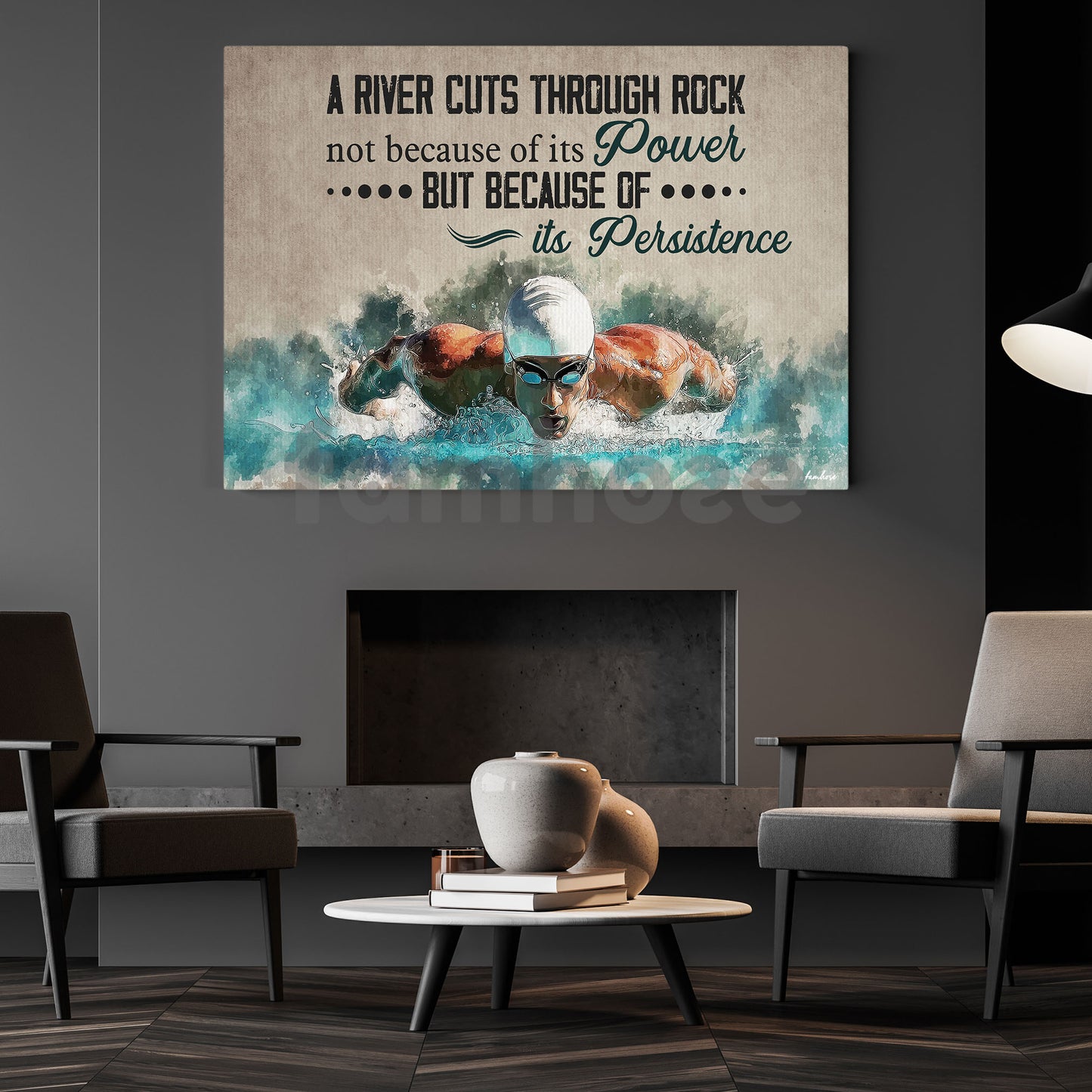 Motivational Swimming Man Canvas Painting, A RIver Cuts Through Rock Sport Wall Art Decor, Poster Gift For Swimming Lovers