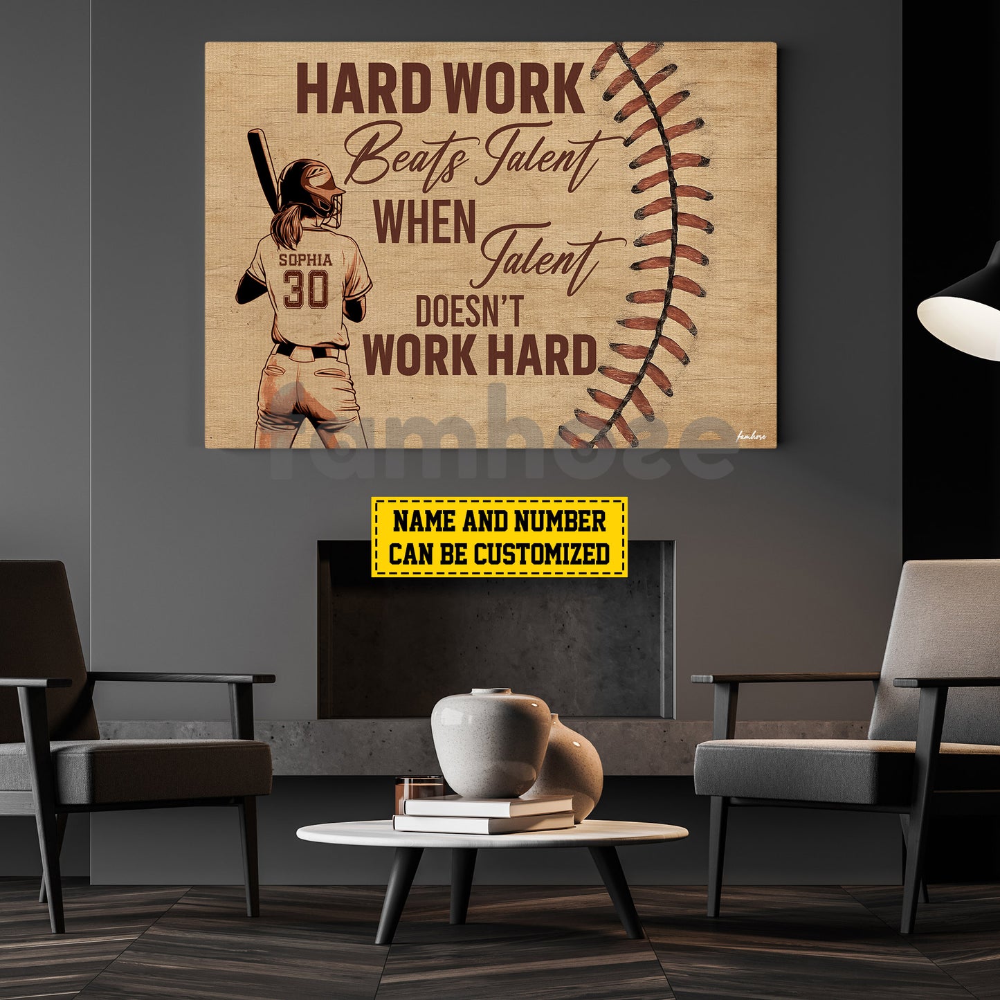 Motivational Personalized Softball Woman Canvas Painting, Hard Work Beats Talent Wall Art Decor, Poster Gift For Softball Lovers