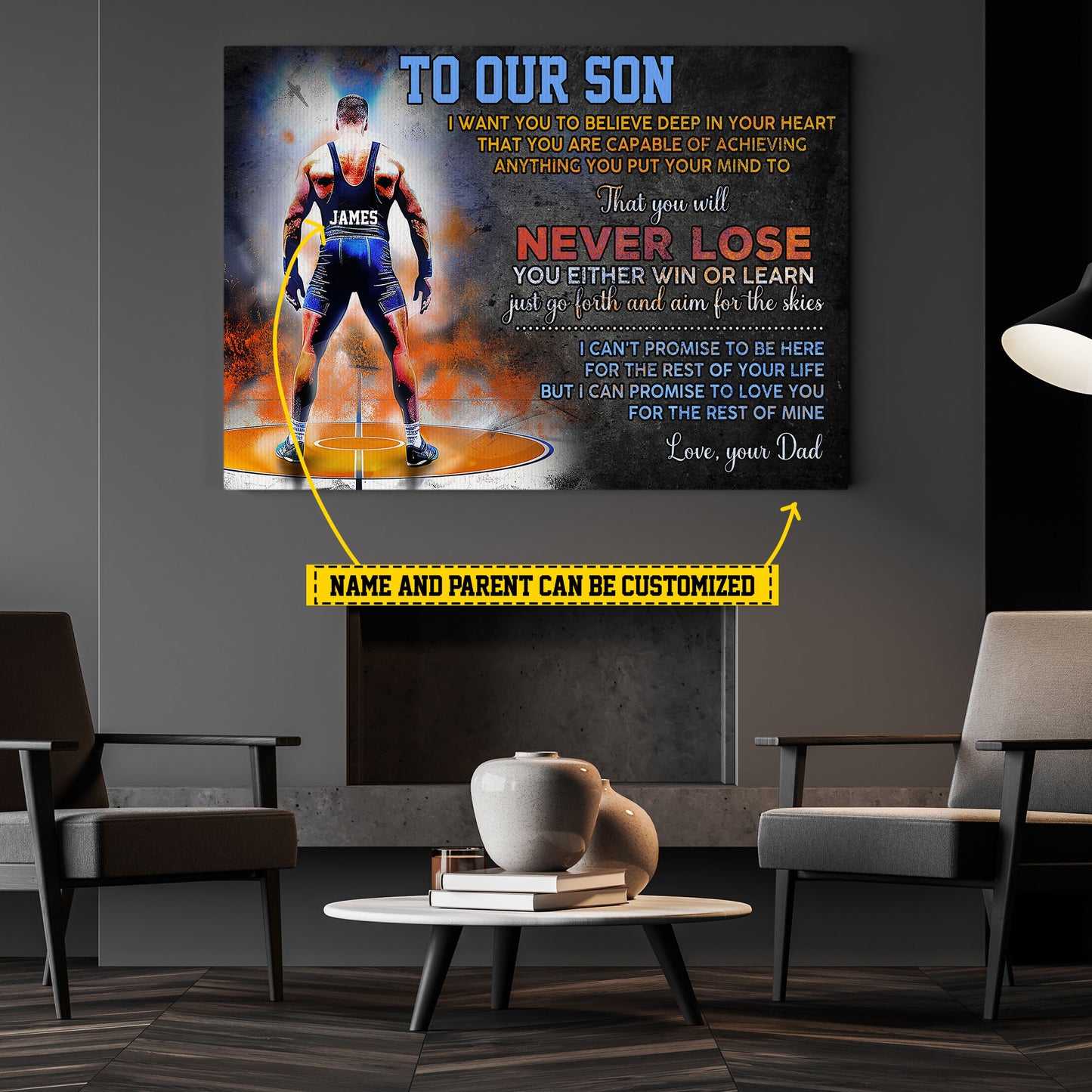 To Our Son Believe Deep In Your Heart, Personalized Motivational Wrestling Boy Canvas Painting, Sports Quotes Wall Art Decor, Poster Gift For Wrestling Lovers, Gift For Son From Dad,Mom