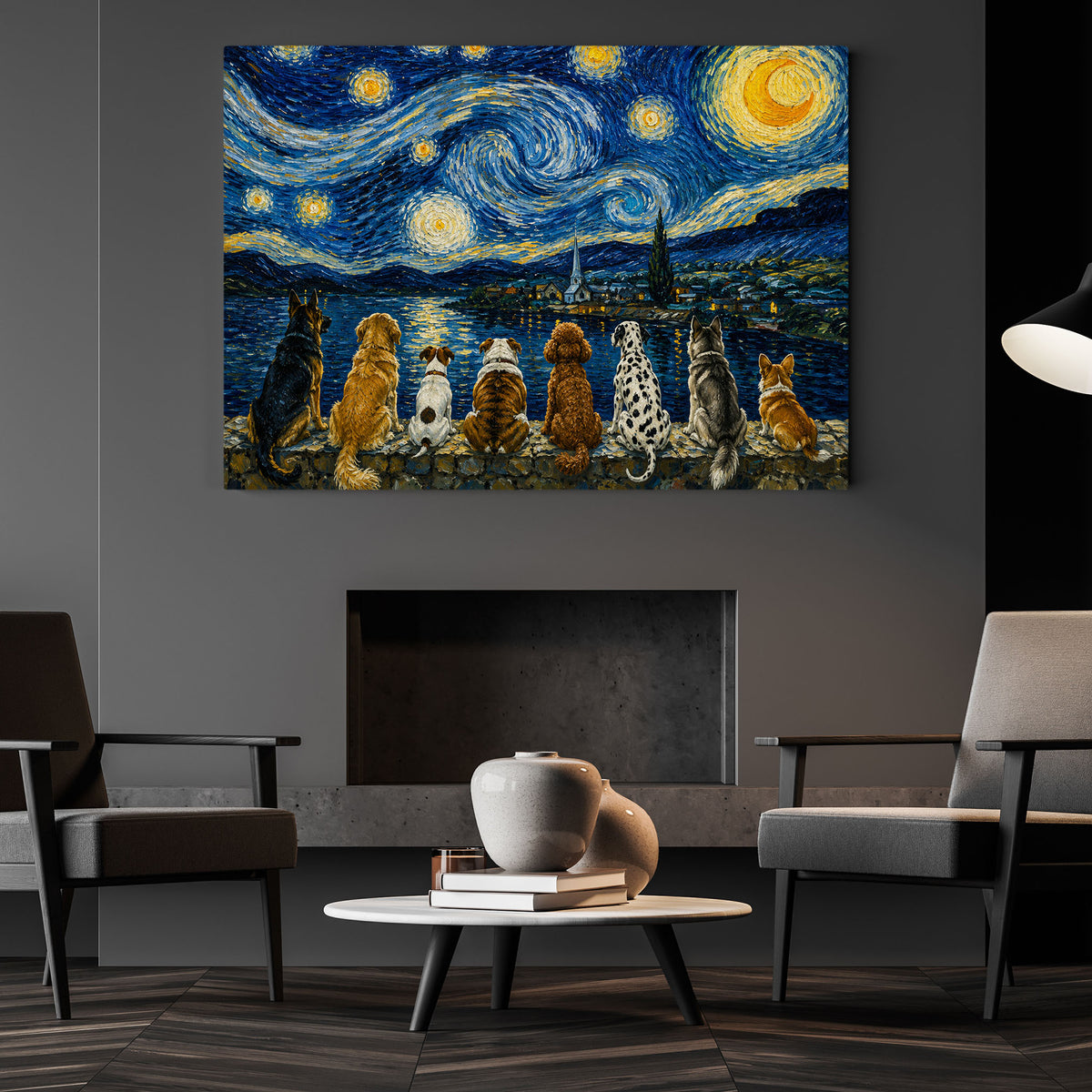 Impasto Oil Dog Canvas Painting, A Night Beneath the Stars Wall Art Decor, Poster Gift For Dog Lovers