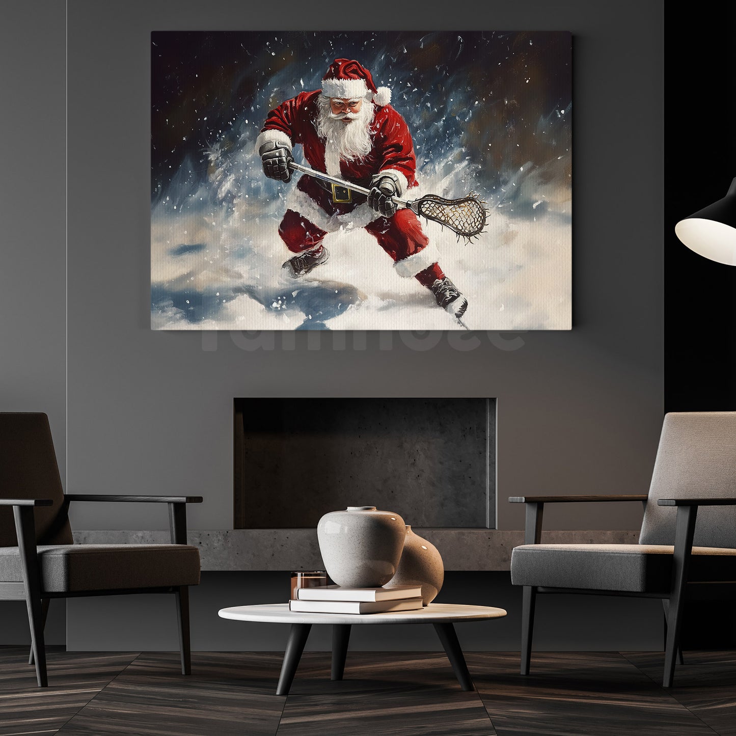 Christmas Santa's Lacrosse Canvas Painting, Santa Claus Playing Lacrosse Sports Wall Art Decor, Xmas Poster Gift For Lacrosse Lovers