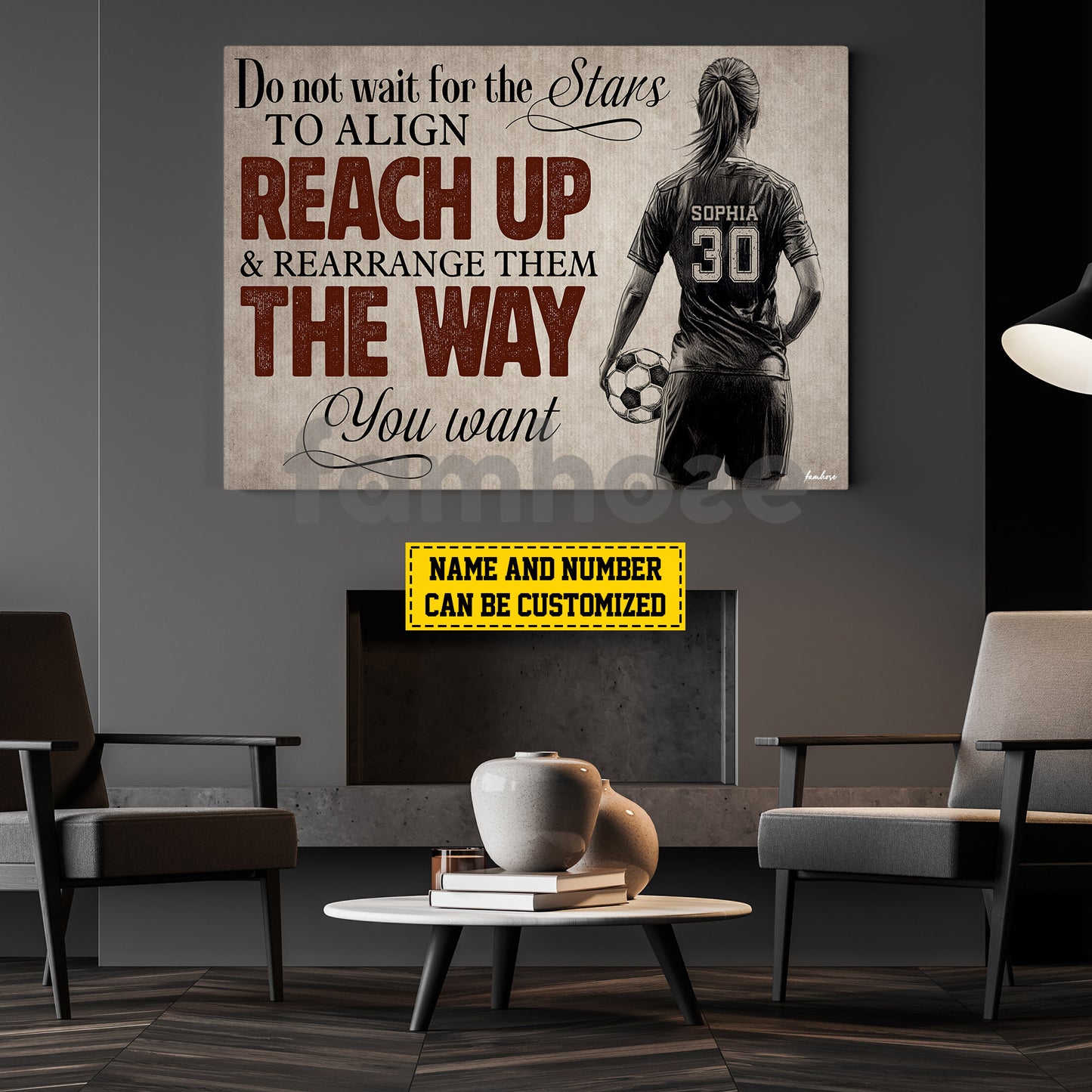 Motivational Personalized Soccer Woman Canvas Painting, Do Not Wait For The Stars To Align Reach Up Sports Quotes Wall Art Decor, Poster Gift For Soccer Lovers