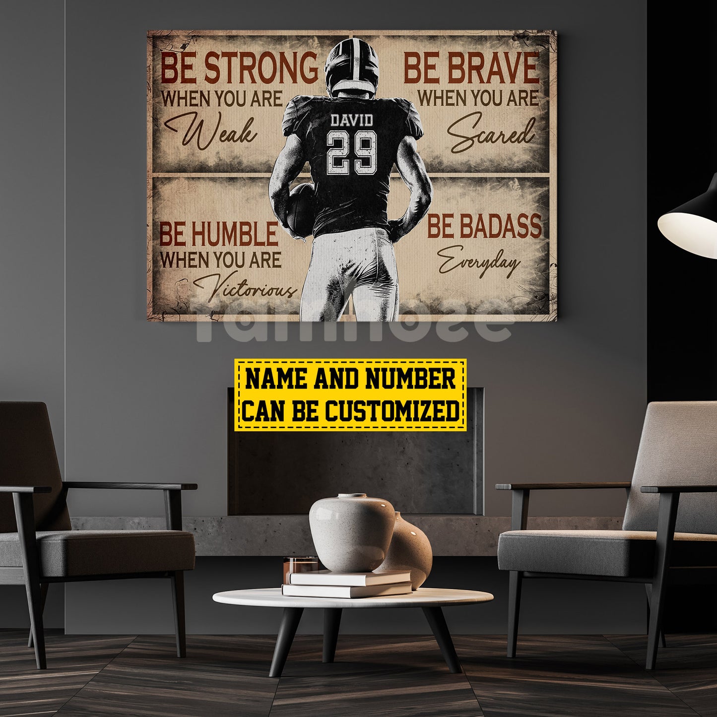 Personalized Football Boy Canvas Painting, Be Strong Brave Humble Badass Cool Quotes Wall Art Decor, Poster Gift For Football Lovers