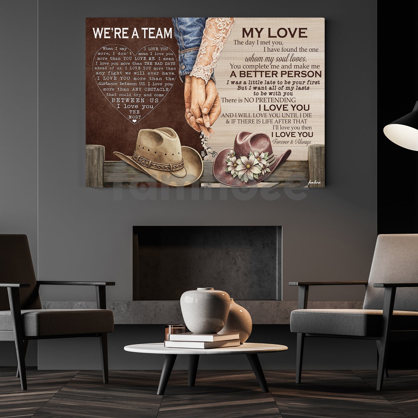 Cowboy Cowgirl Couple Canvas Painting, We're A Team Wall Art Decor, Valentine Poster Gift For Western Couple