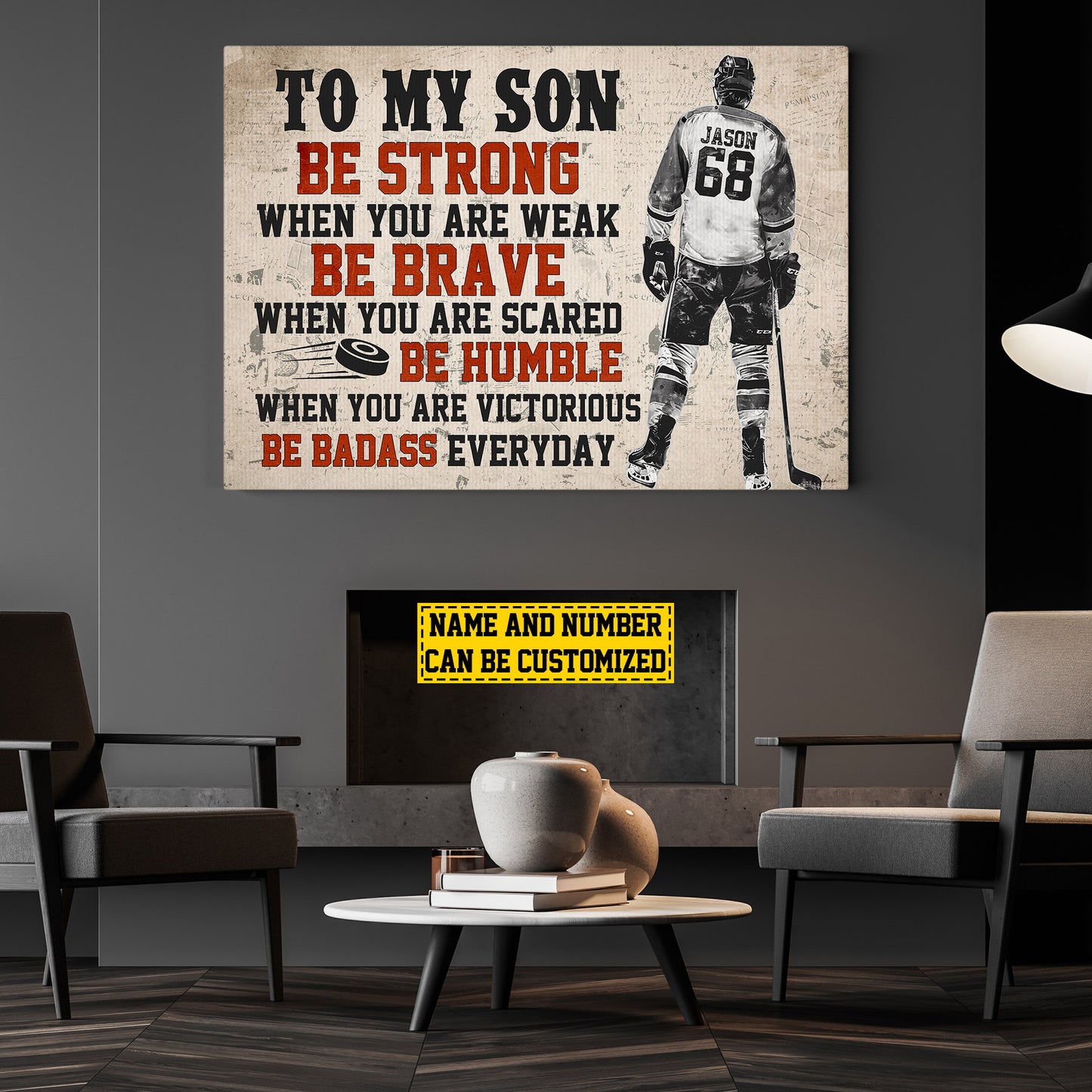 To My Son Be Strong Brave Humble, Personalized Hockey Boy Canvas Painting, Sports Wall Art Decor, Poster Gift For Hockey Lovers, Hockey Boys