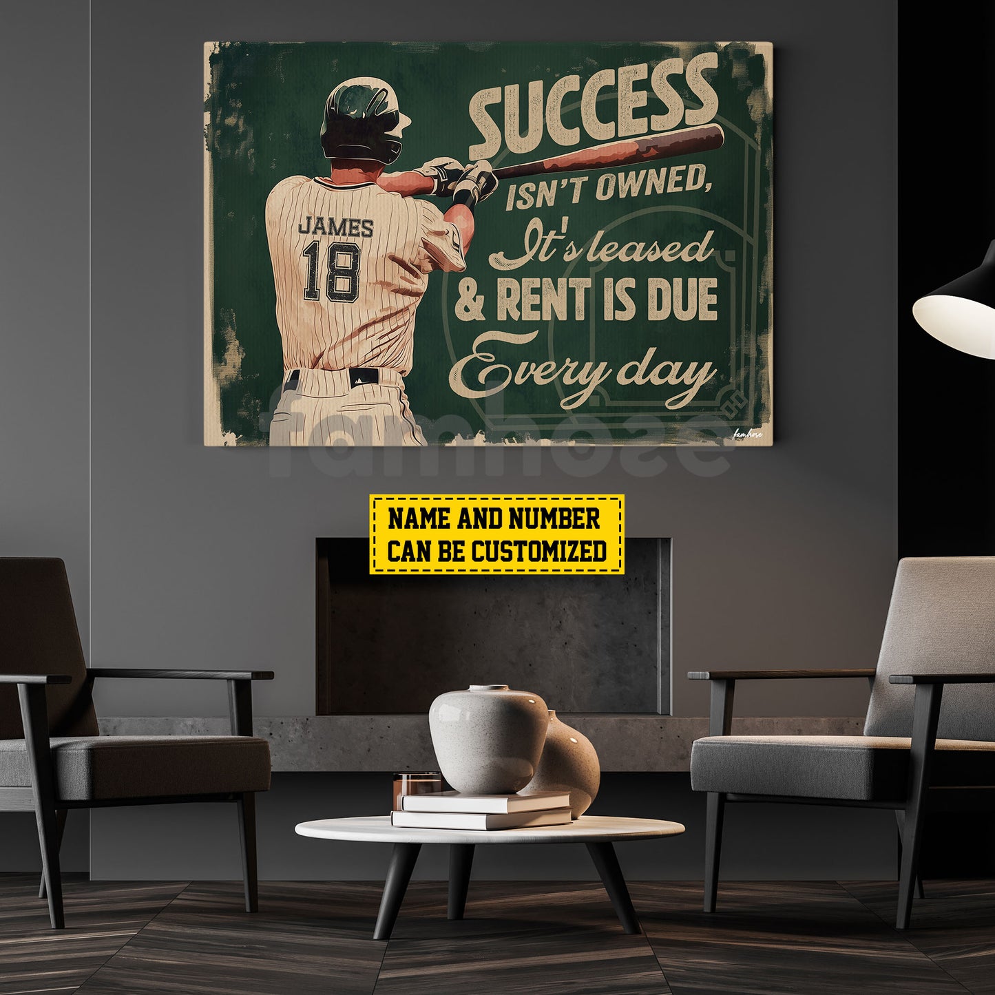 Personalized Baseball Man Canvas Painting, Success Isn't Owned It's Leased Sport Wall Art Decor, Poster Gift For Baseball Lovers
