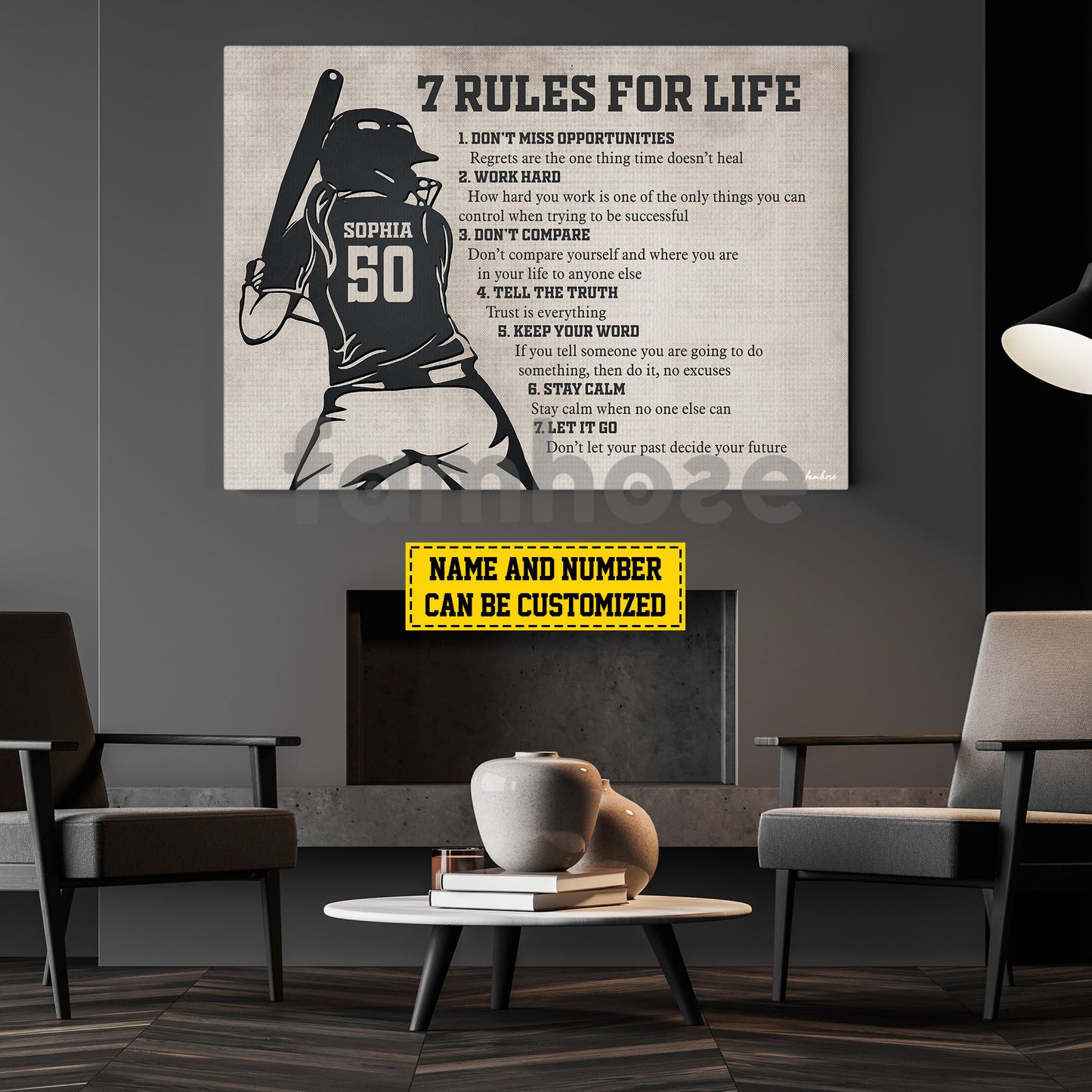 Motivational Personalized Softball Woman Canvas Painting, 7 Rules For Life Sport Wall Art Decor, Poster Gift For Softball Lovers