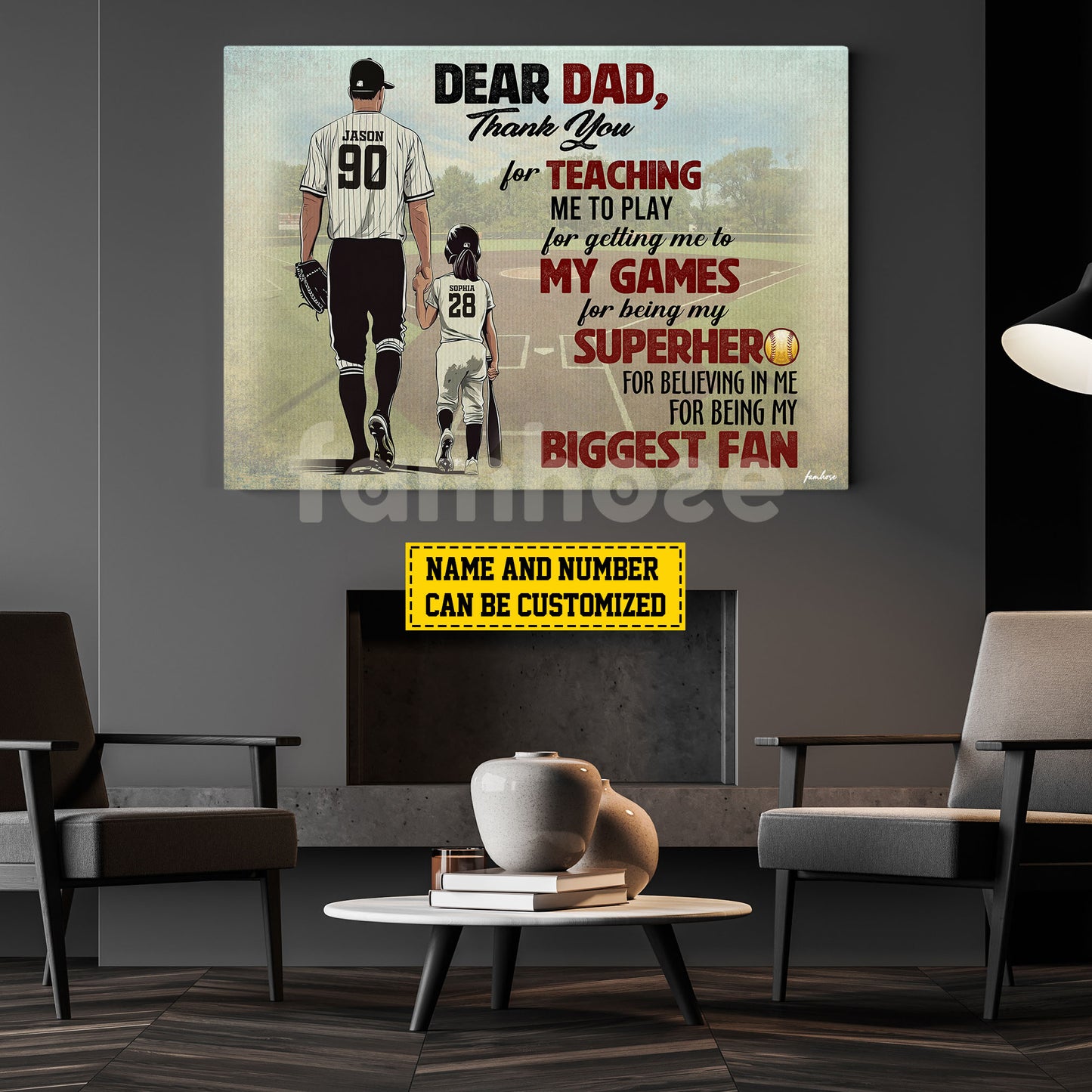 Motivational Personalized Softball Dad Daughter Canvas Painting, Dear Dad Thank You Wall Art Decor, Poster Father's Day Gift For Softball Lovers