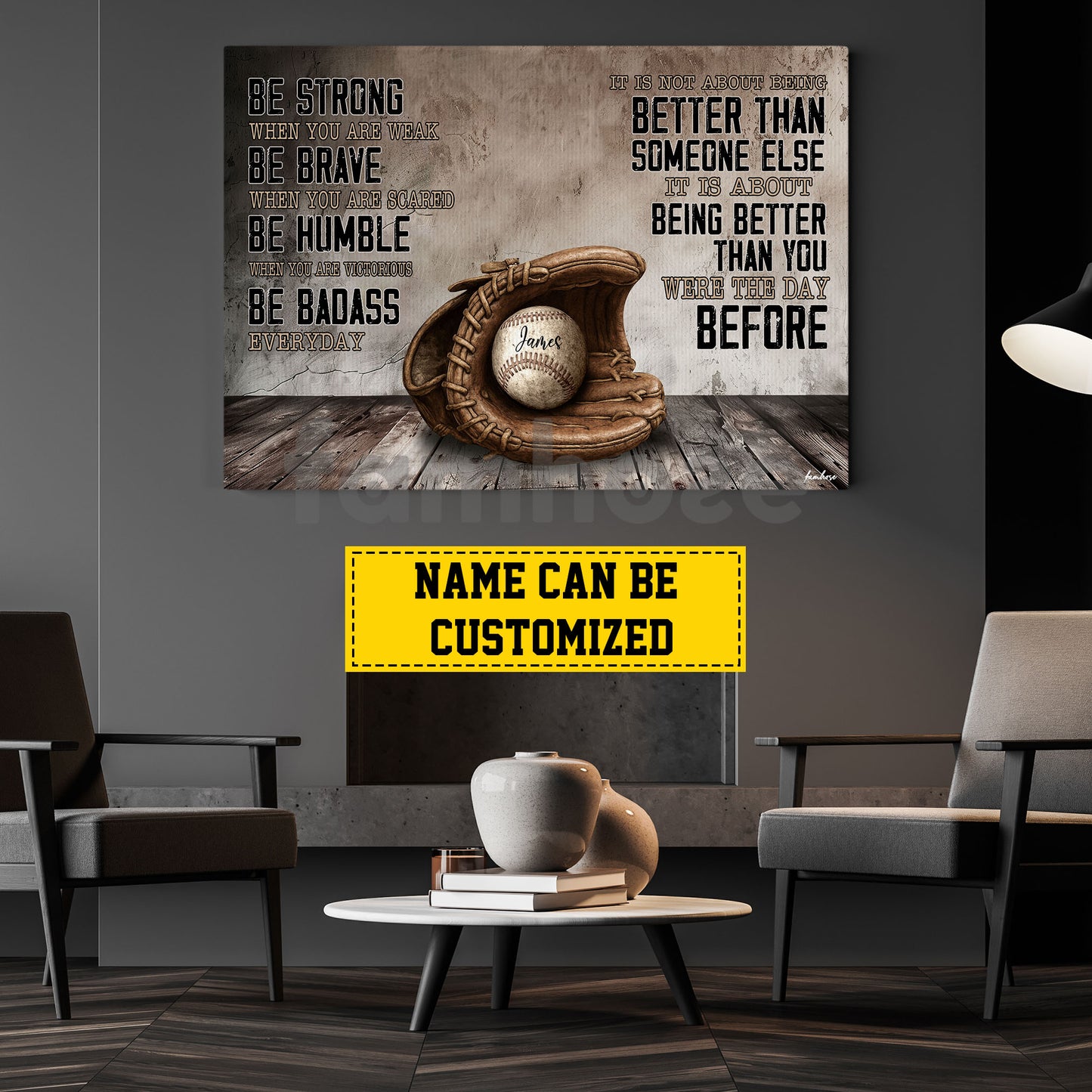 Motivational Personalized Baseball Canvas Painting, Be Strong Brave Humble And Badass Sport Wall Art Decor, Poster Gift For Baseball Lovers