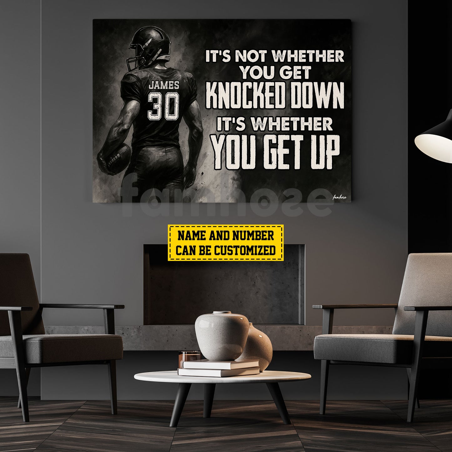 Motivational Personalized Football Man Canvas Painting, It's Not Whether You Get Knocked Down Sport Wall Art Decor, Poster Gift For Football Lovers