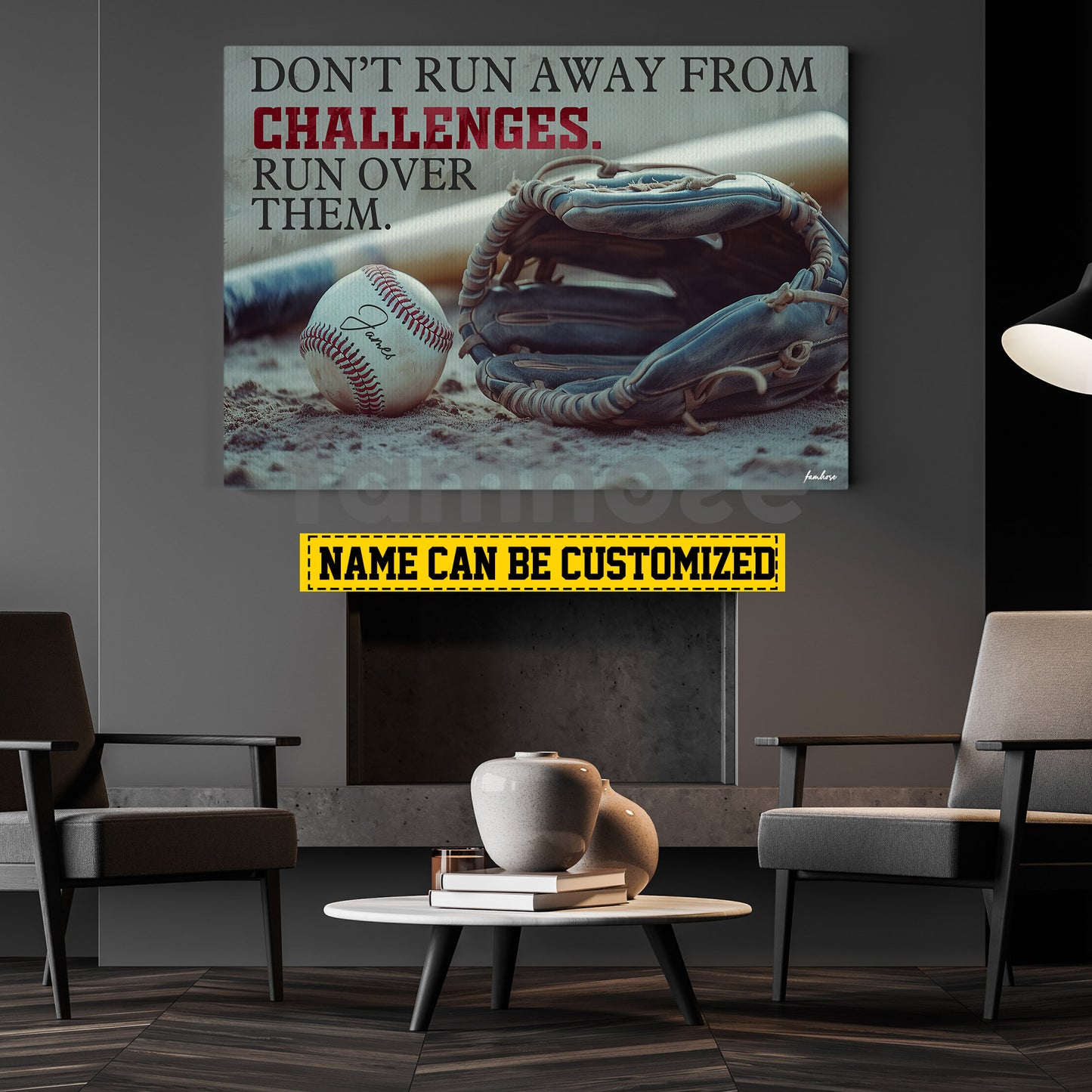 Motivational Personalized Baseball Canvas Painting, Don't Run Away From Challenges Sport Wall Art Decor, Poster Gift For Baseball Lovers