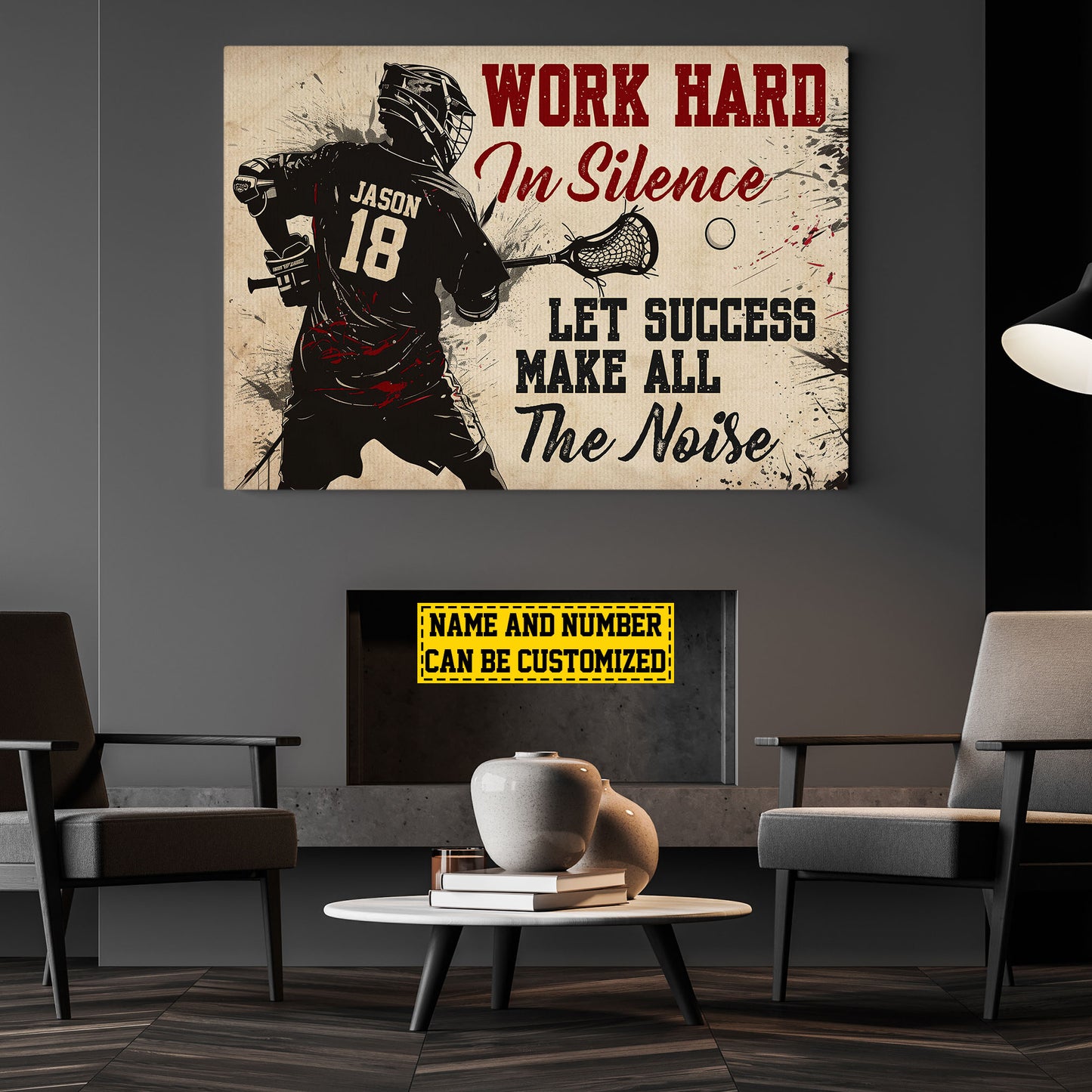 Personalized Motivational Lacrosse Canvas Painting, Work Hard In Silence Let Success, Sports Quotes Wall Art Decor, Poster Gift For Lacrosse Lovers, Lacrosse Boys