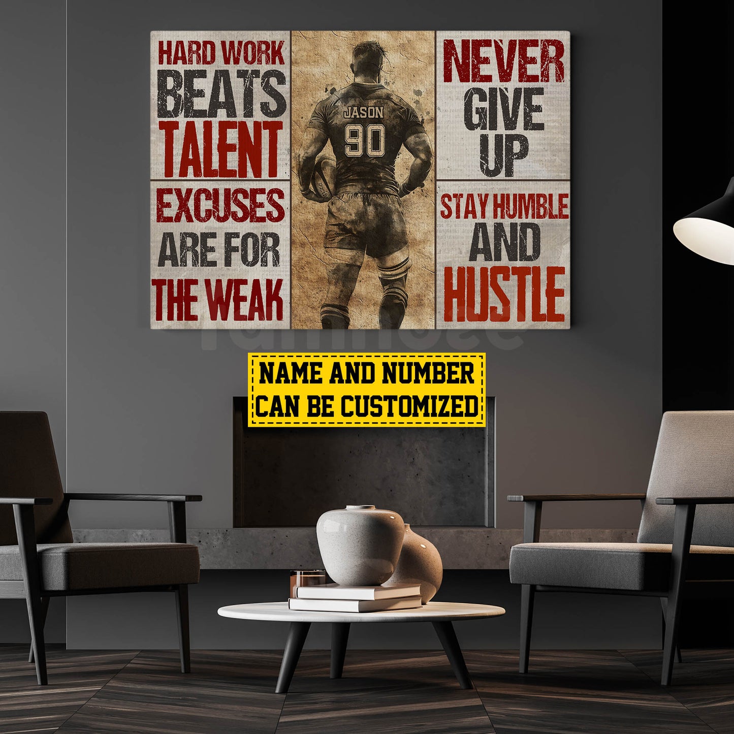 Personalized Motivational Rugby Boy Canvas Painting, Hard Work Never Give Up, Sports Quotes Wall Art Decor, Poster Gift For Rugby Lovers