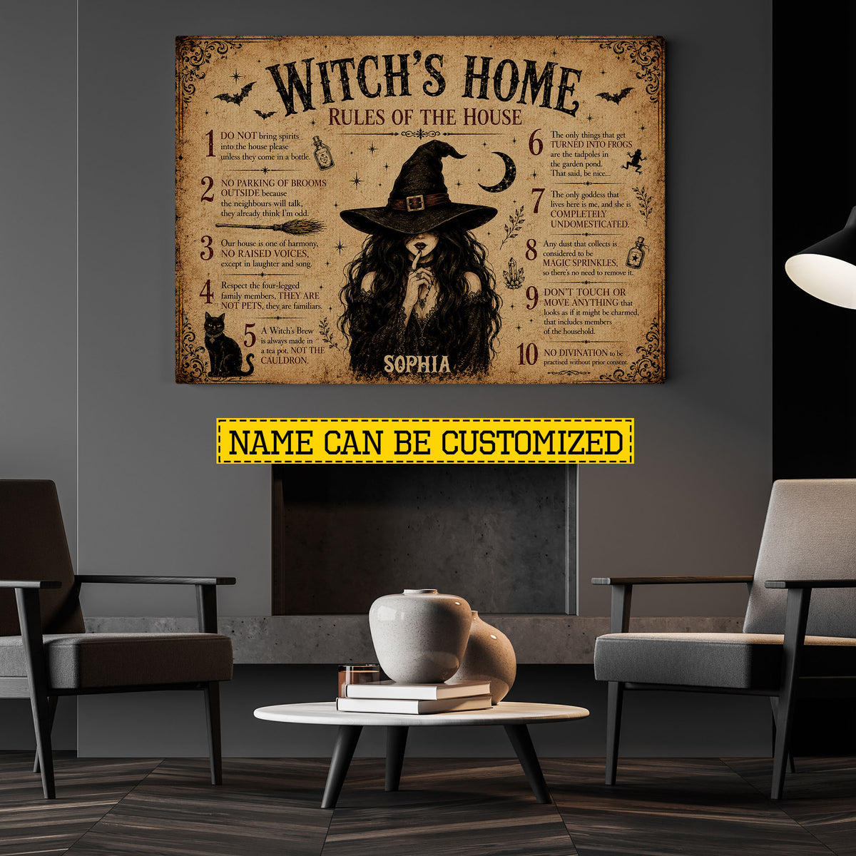 Personalized Halloween Witch Canvas Painting, Witch’s Home Rules Wall Art Decor, Spooky Season Poster Gift For Witch Lover