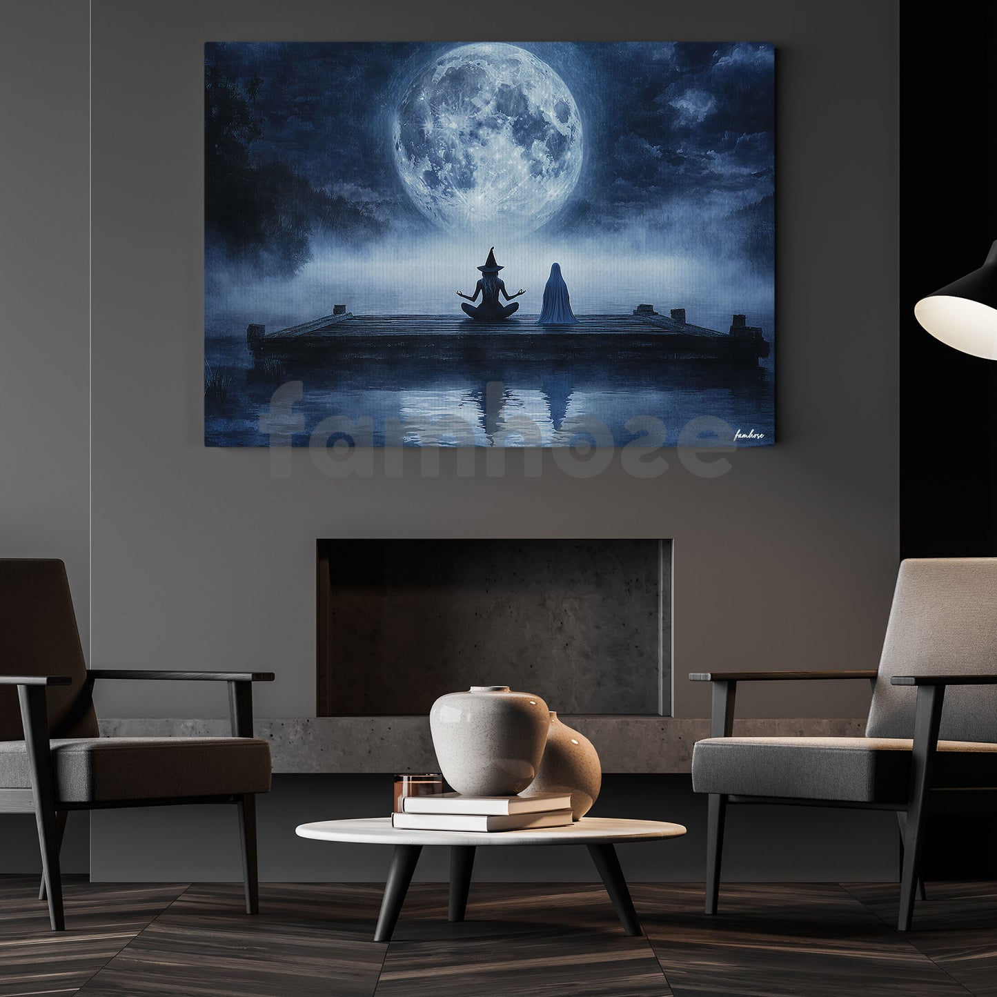 Halloween Meditation Witch Ghost Canvas Painting, Night Yoga With Witch And Ghost Wall Art Decor, Spooky Season Poster Gift For Meditator, Witch Lovers