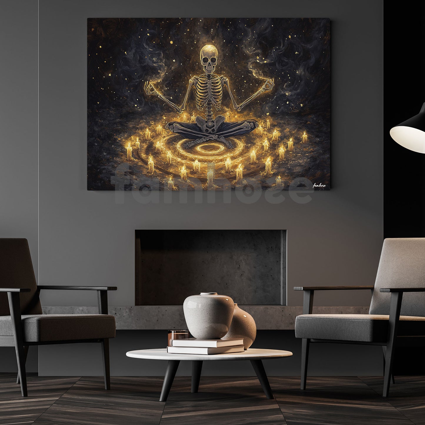 Halloween Skeleton Meditation Canvas Painting, Necromancer’s Meditation Wall Art Decor, Spooky Season Poster Gift For Meditator, Skeleton Lovers