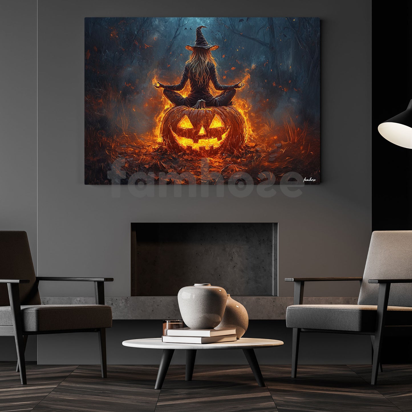 Halloween Meditation Witch Canvas Painting, A Witch Sits Cross Wall Art Decor, Spooky Season Poster Gift For Meditator, Witch Lovers