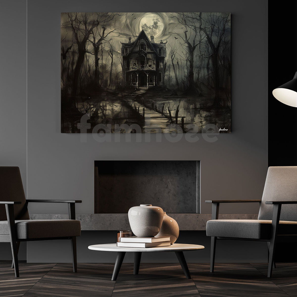 Moonlit Manor, Dark House Canvas Painting, Spooky Season Wall Art Decor, Halloween Poster Gift For House Lovers