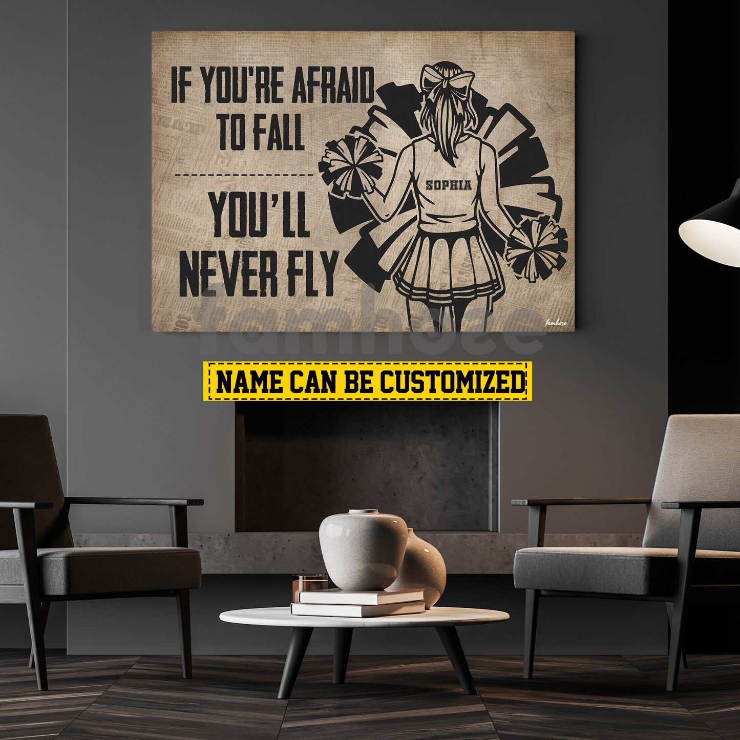 Motivational Personalized Cheerleading Girl Canvas Painting, If You're Afraid To Fall You'll Never Fly Wall Art Decor, Poster Gift For Cheerleading Lovers