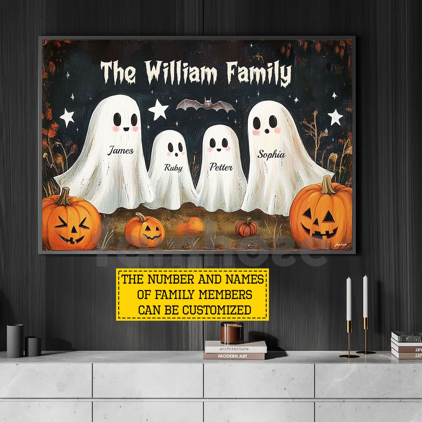 Personalized Halloween Family Ghost Canvas Painting, Ghost Family Wall Art Decor, Spooky Season Poster Gift For Ghost Lovers
