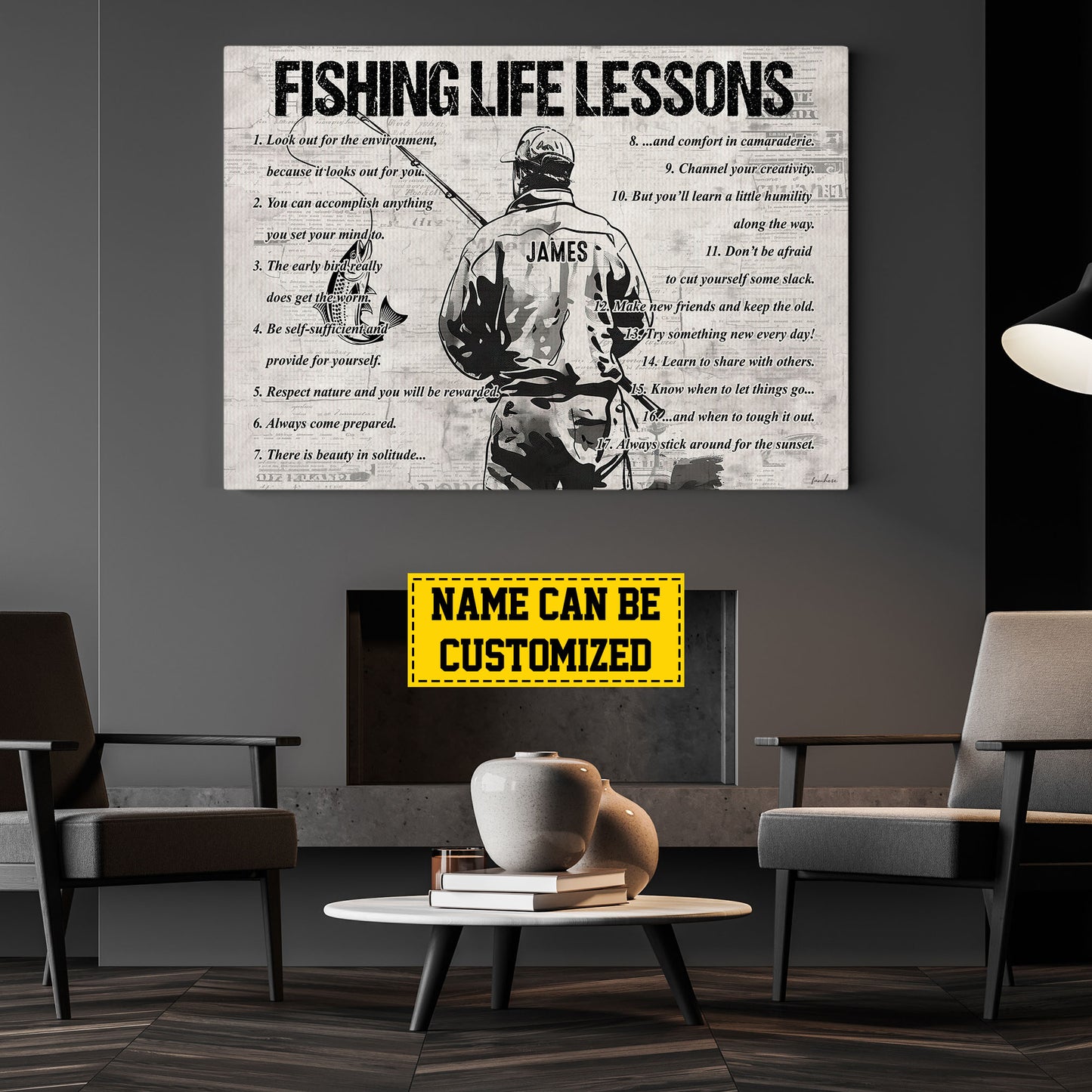 Fishing Life Lessons, Personalized Motivational Fishing Boy Canvas Painting, Sports Quotes Wall Art Decor, Poster Gift For Fishing Lovers