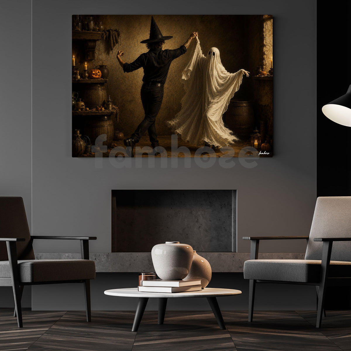 Halloween Witch & Ghost Canvas Painting, Witch And Ghost Are Dancing Spooky Season Wall Art Decor, Halloween Poster Gift