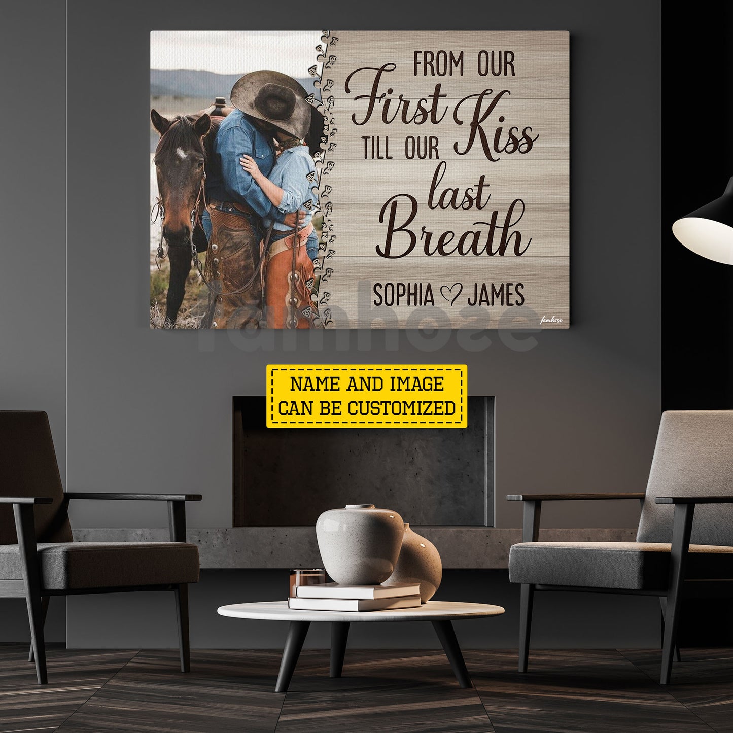 Personalized Cowboy Cowgirl Couple Canvas Painting, From Our First Kiss Wall Art Decor, Valentine Poster Gift For Western Couple