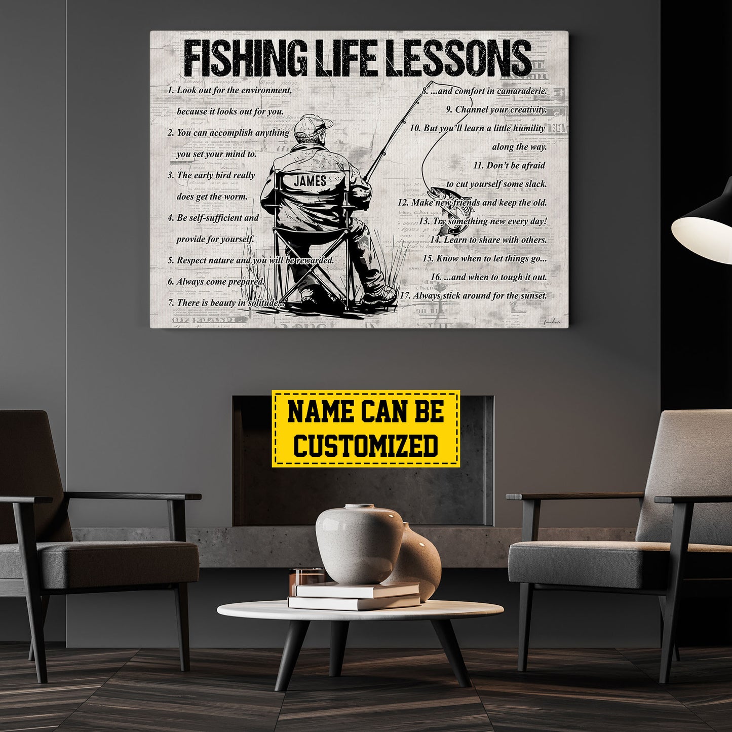 Fishing Life Lessons, Personalized Motivational Old Man Fishing Canvas Painting, Fishing Quotes Wall Art Decor, Poster Gift For Fishing Lovers, Fishing Man