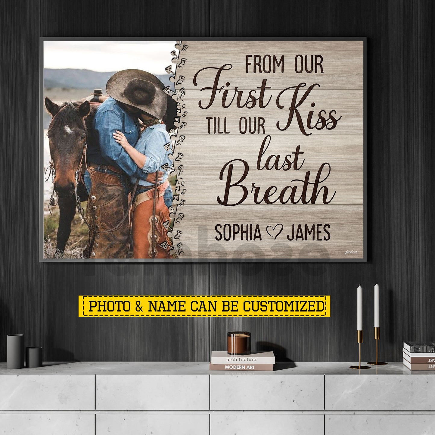 Personalized Cowboy Cowgirl Couple Canvas Painting, From Our First Kiss Wall Art Decor, Valentine Poster Gift For Western Couple