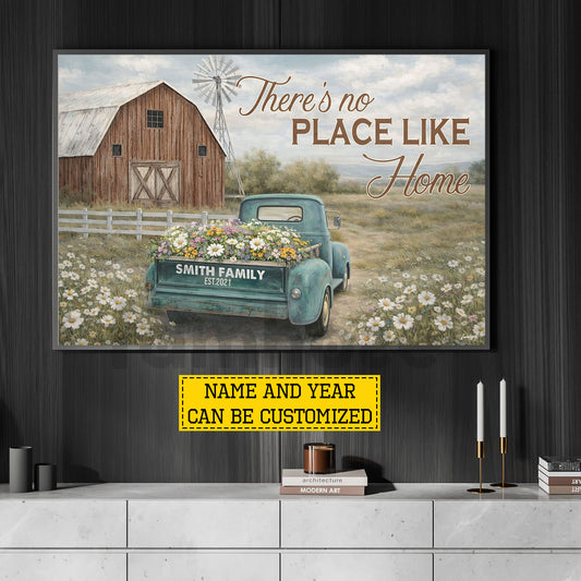 Rustic Farm Truck & Barn Canvas Painting, There's No Place Like Home Wildflowers Wall Art Decor, Poster Gift For Farming Lover