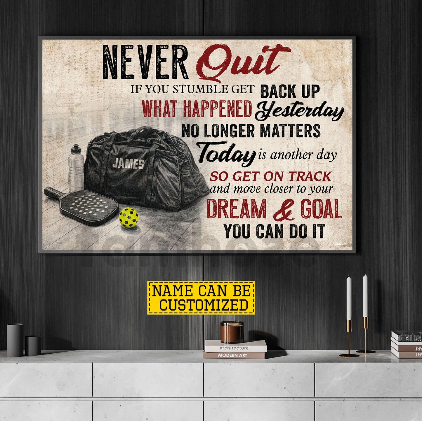 Motivational Personalized Pickleball Canvas Painting, Never Quit You Can Do It Sport Wall Art Decor, Poster Gift For Pickleball Lovers