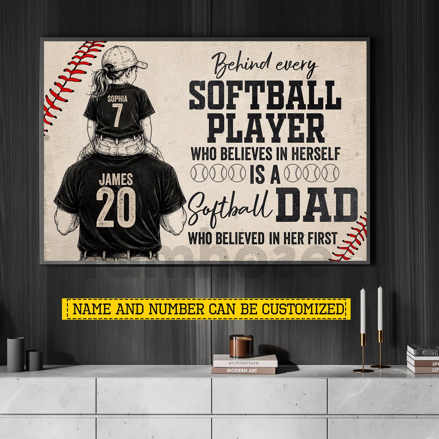 Personalized Softball Dad Daughter Canvas Painting, Behind Every Softball Player Sport Wall Art Decor, Poster Father's Day Gift For Softball Lovers
