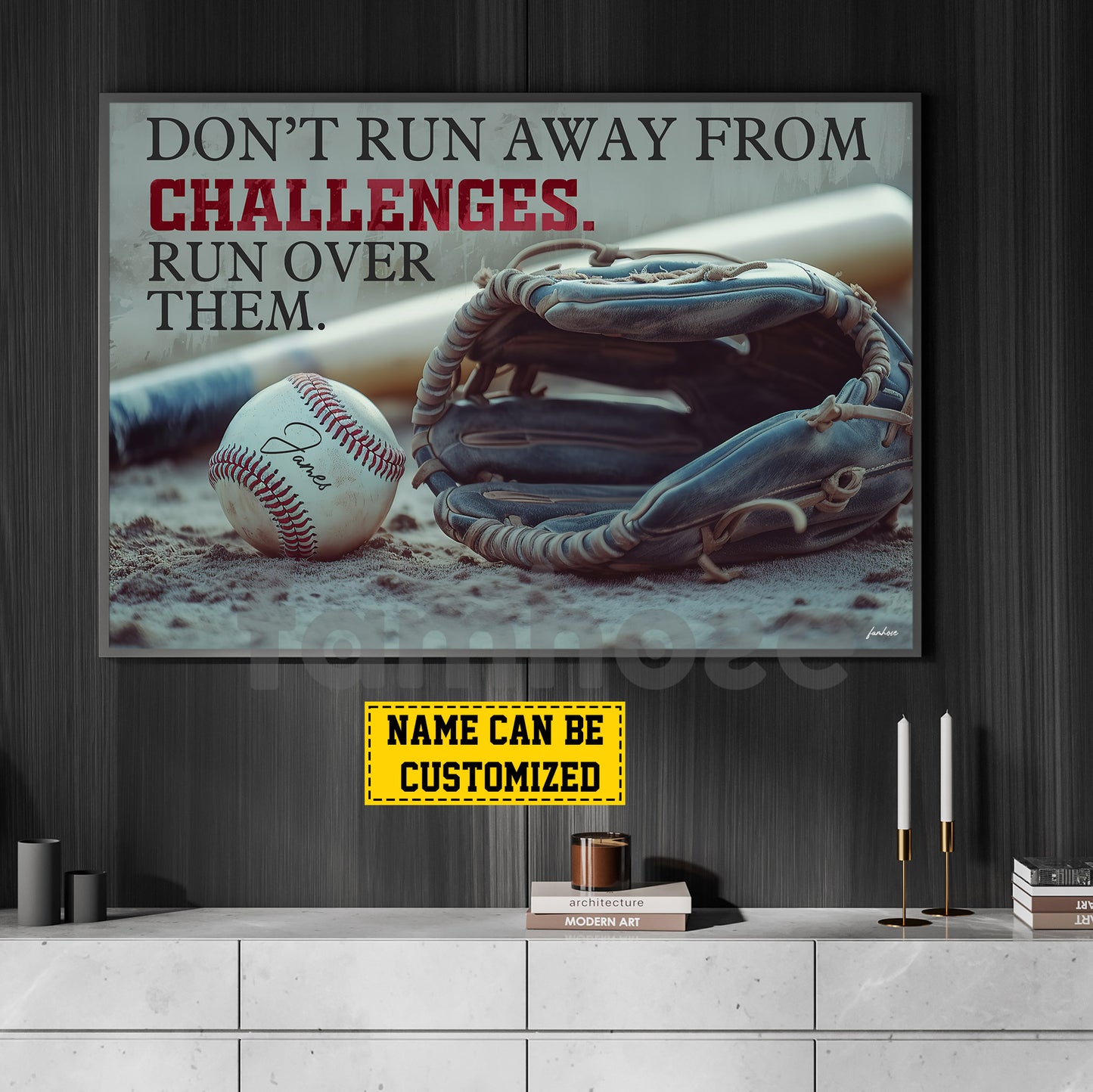Motivational Personalized Baseball Canvas Painting, Don't Run Away From Challenges Sport Wall Art Decor, Poster Gift For Baseball Lovers