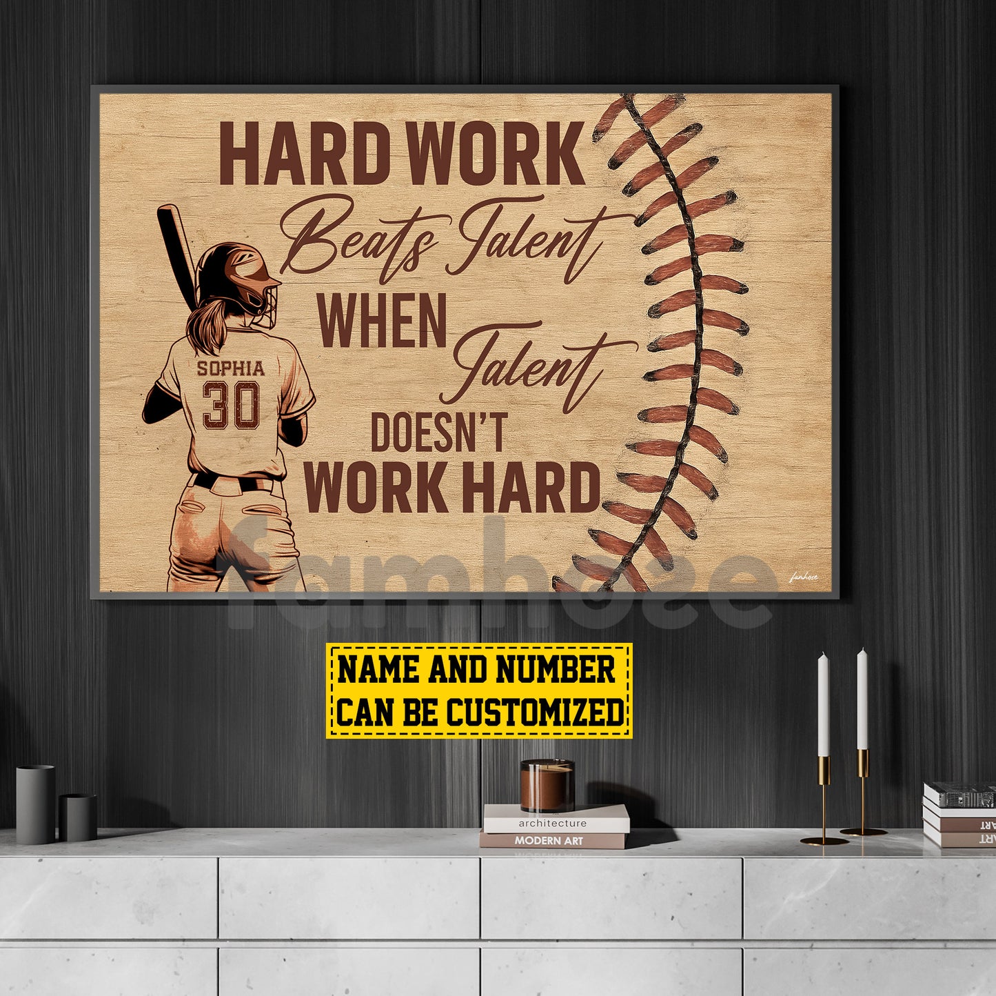Motivational Personalized Softball Woman Canvas Painting, Hard Work Beats Talent Wall Art Decor, Poster Gift For Softball Lovers