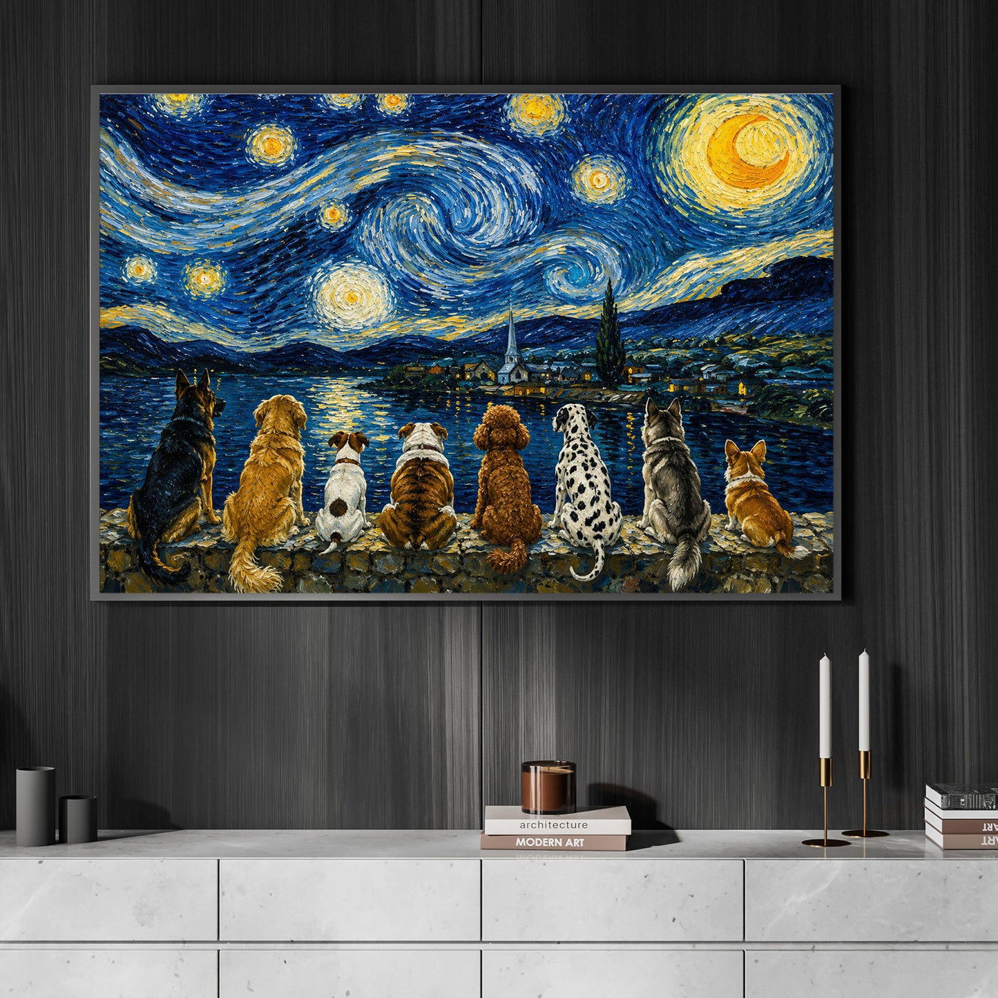 Impasto Oil Dog Canvas Painting, A Night Beneath the Stars Wall Art Decor, Poster Gift For Dog Lovers