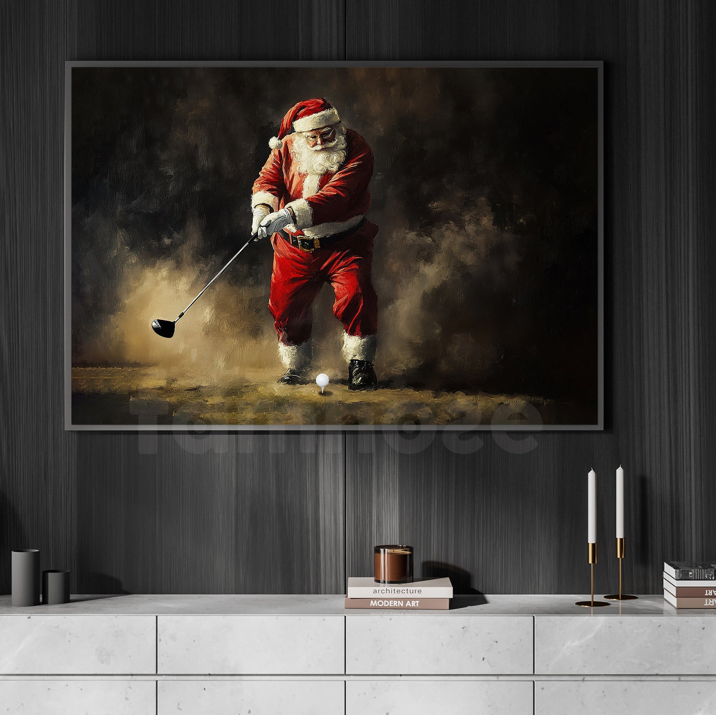 Christmas Golf Canvas Painting, Santa Plays Golf Wall Art Decor, Poster Gift For Golf Lovers