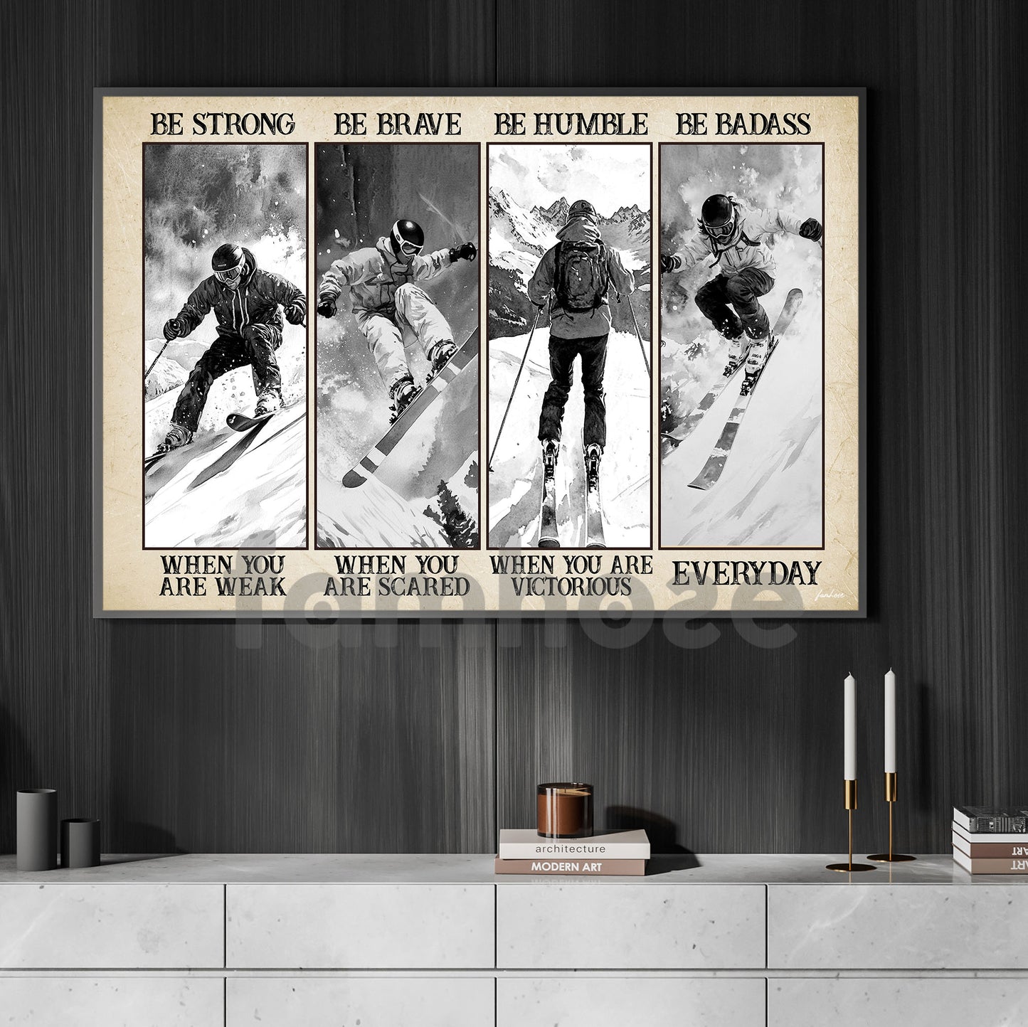 Motivational Skiing Boy Canvas Painting, Be Strong Brave Humble Badass Sport Wall Art Decor, Poster Gift For Skiing Lovers