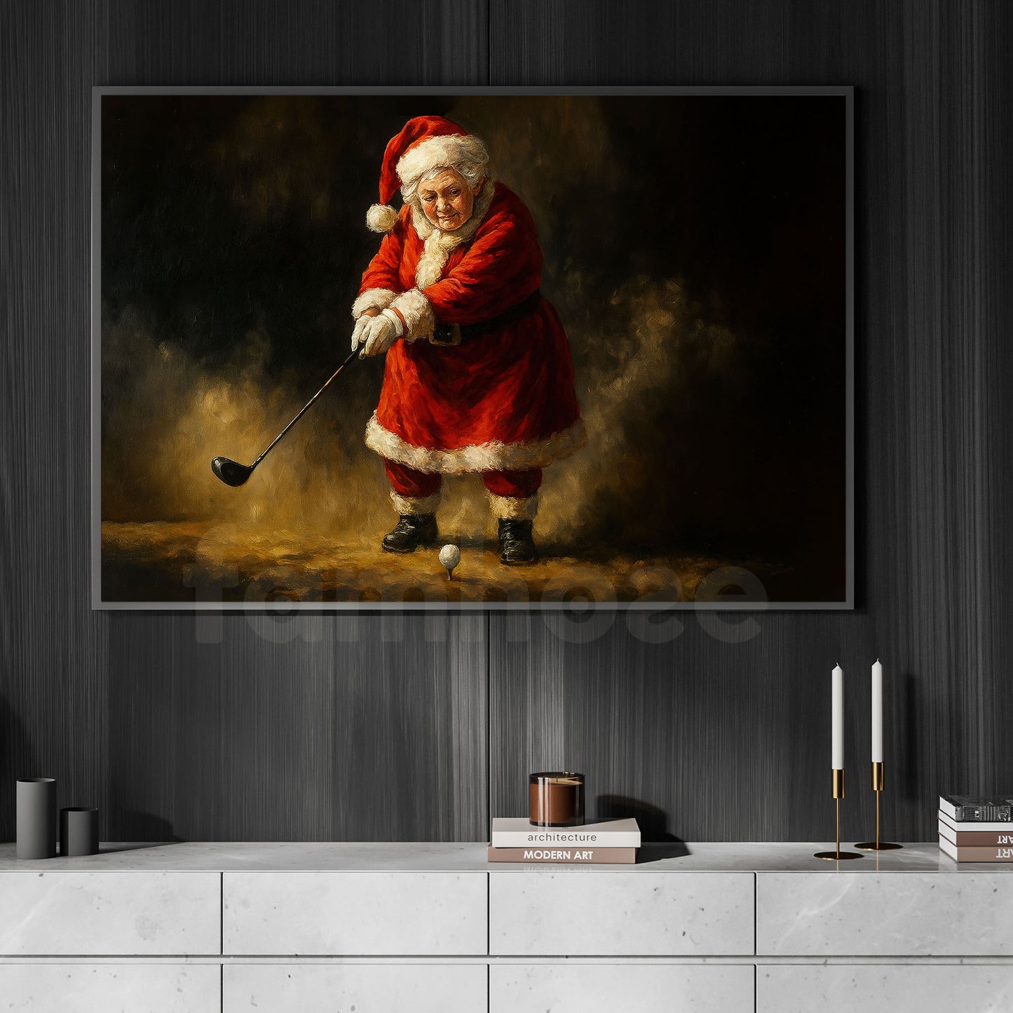 Christmas Golf Canvas Painting, Santa Woman Playing Golf Wall Art Decor, Xmas Poster Gift For Golf Lovers