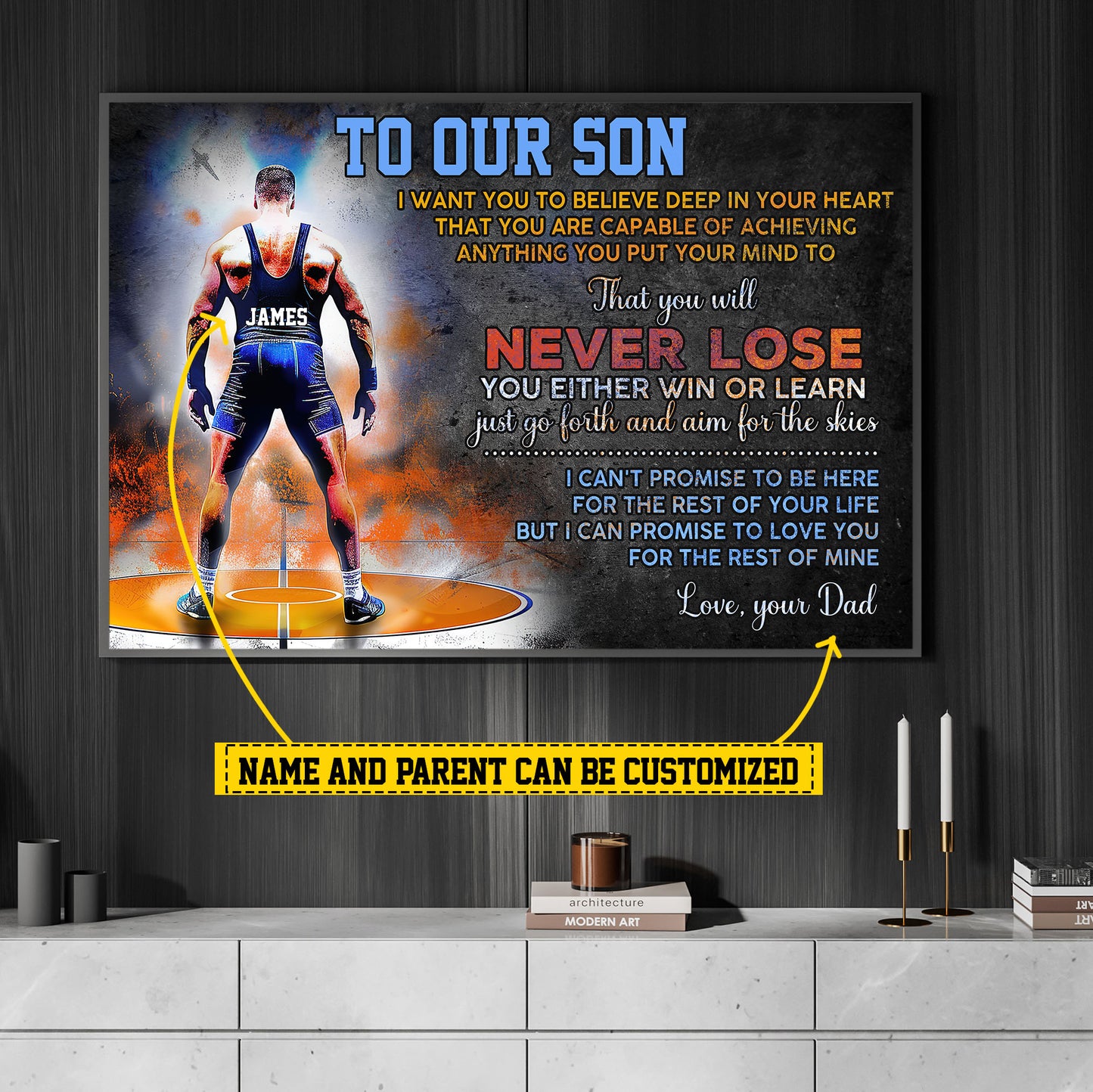 To Our Son Believe Deep In Your Heart, Personalized Motivational Wrestling Boy Canvas Painting, Sports Quotes Wall Art Decor, Poster Gift For Wrestling Lovers, Gift For Son From Dad,Mom