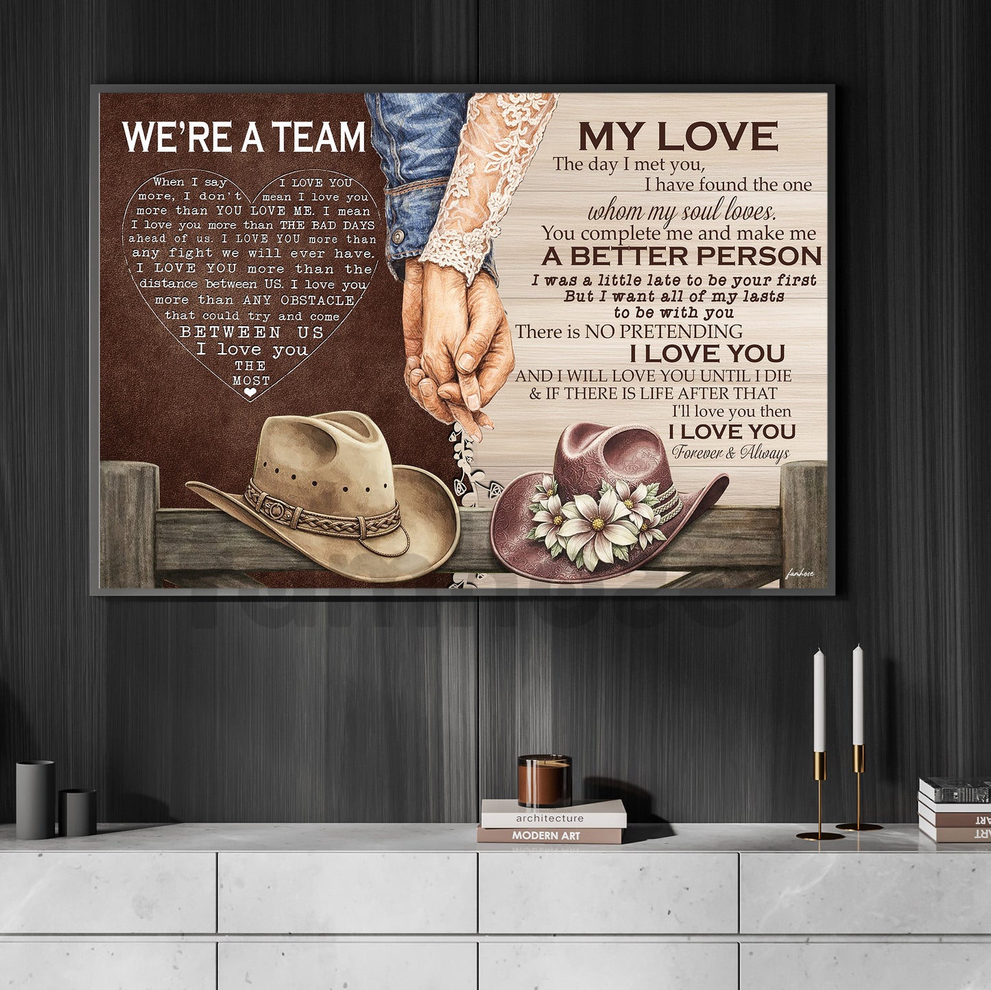 Cowboy Cowgirl Couple Canvas Painting, We're A Team Wall Art Decor, Valentine Poster Gift For Western Couple