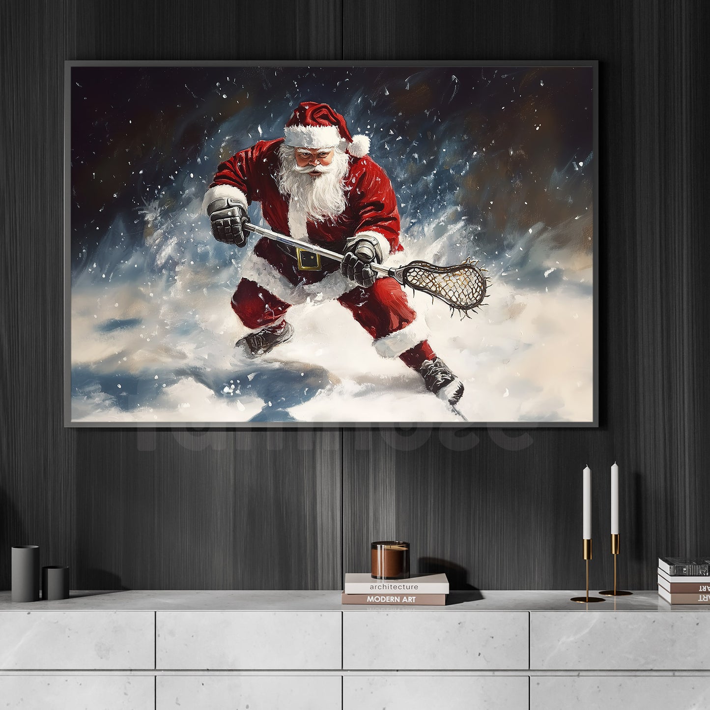 Christmas Santa's Lacrosse Canvas Painting, Santa Claus Playing Lacrosse Sports Wall Art Decor, Xmas Poster Gift For Lacrosse Lovers